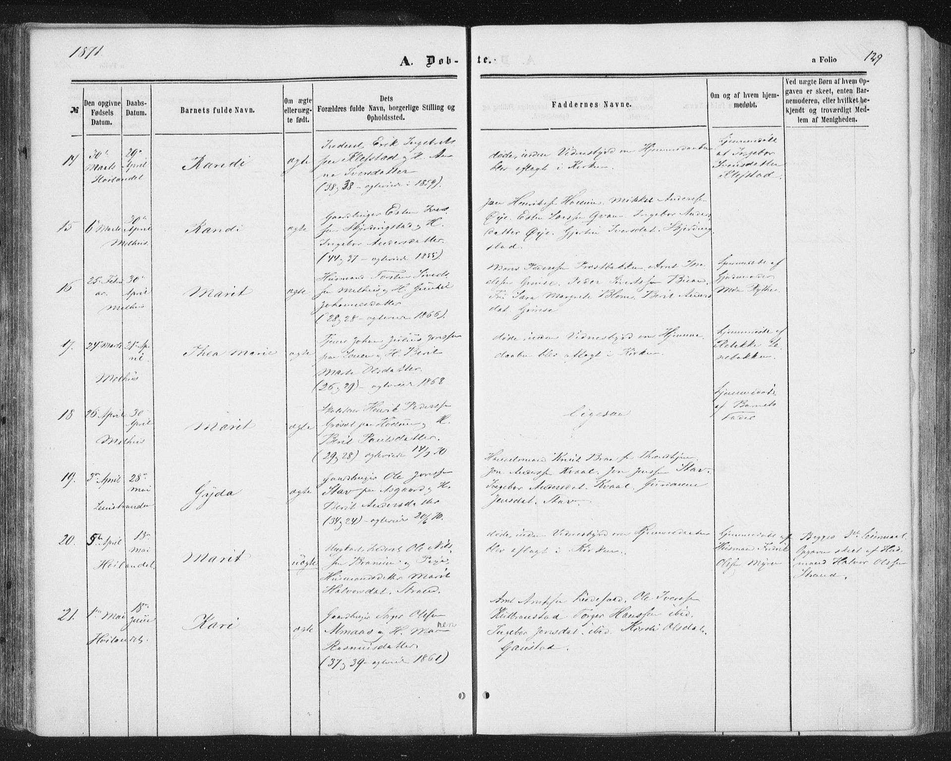 Ministerialprotokoller, klokkerbøker og fødselsregistre - Sør-Trøndelag, SAT/A-1456/691/L1077: Ministerialbok nr. 691A09, 1862-1873, s. 129