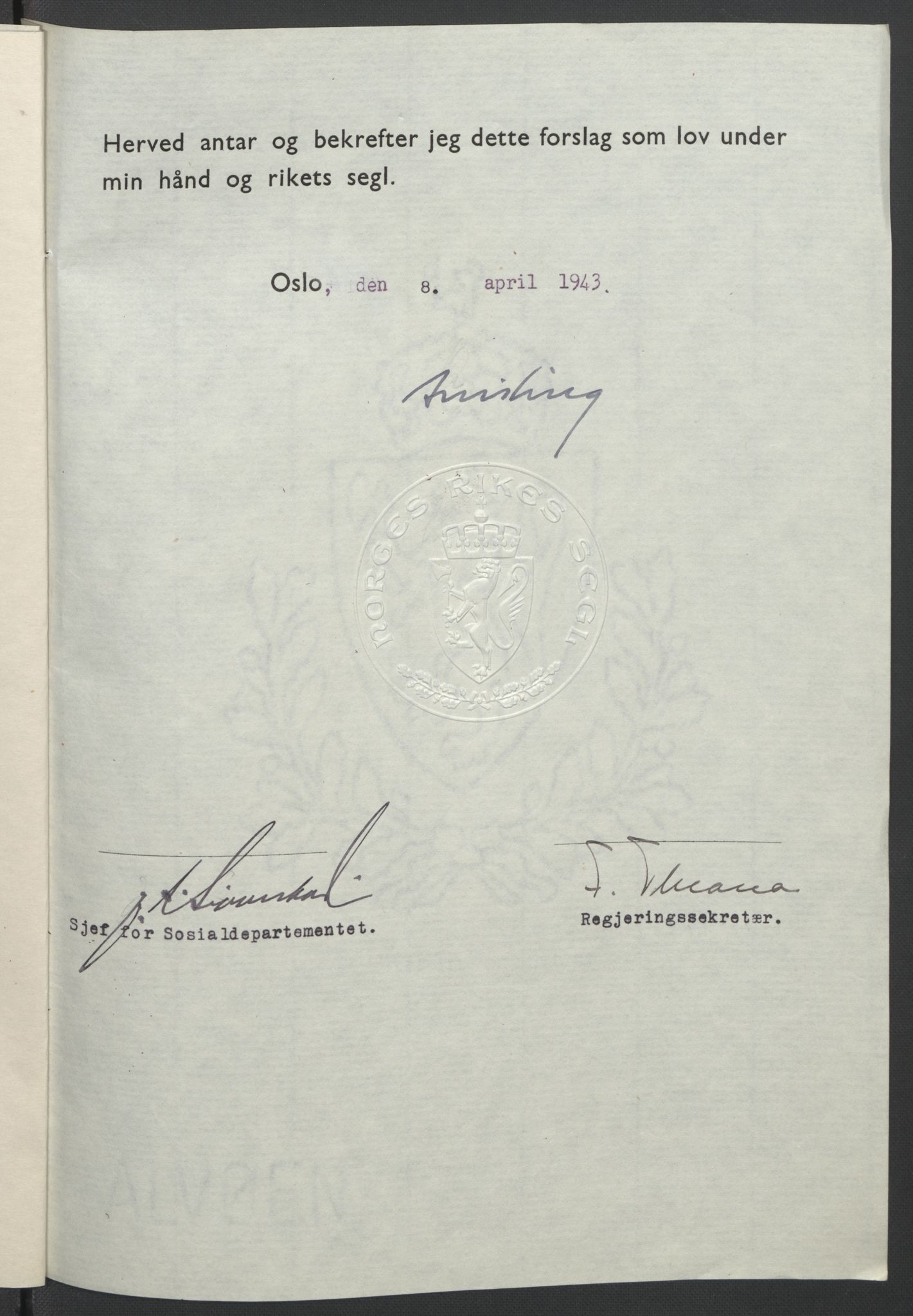 NS-administrasjonen 1940-1945 (Statsrådsekretariatet, de kommisariske statsråder mm), AV/RA-S-4279/D/Db/L0099: Lover, 1943, s. 274