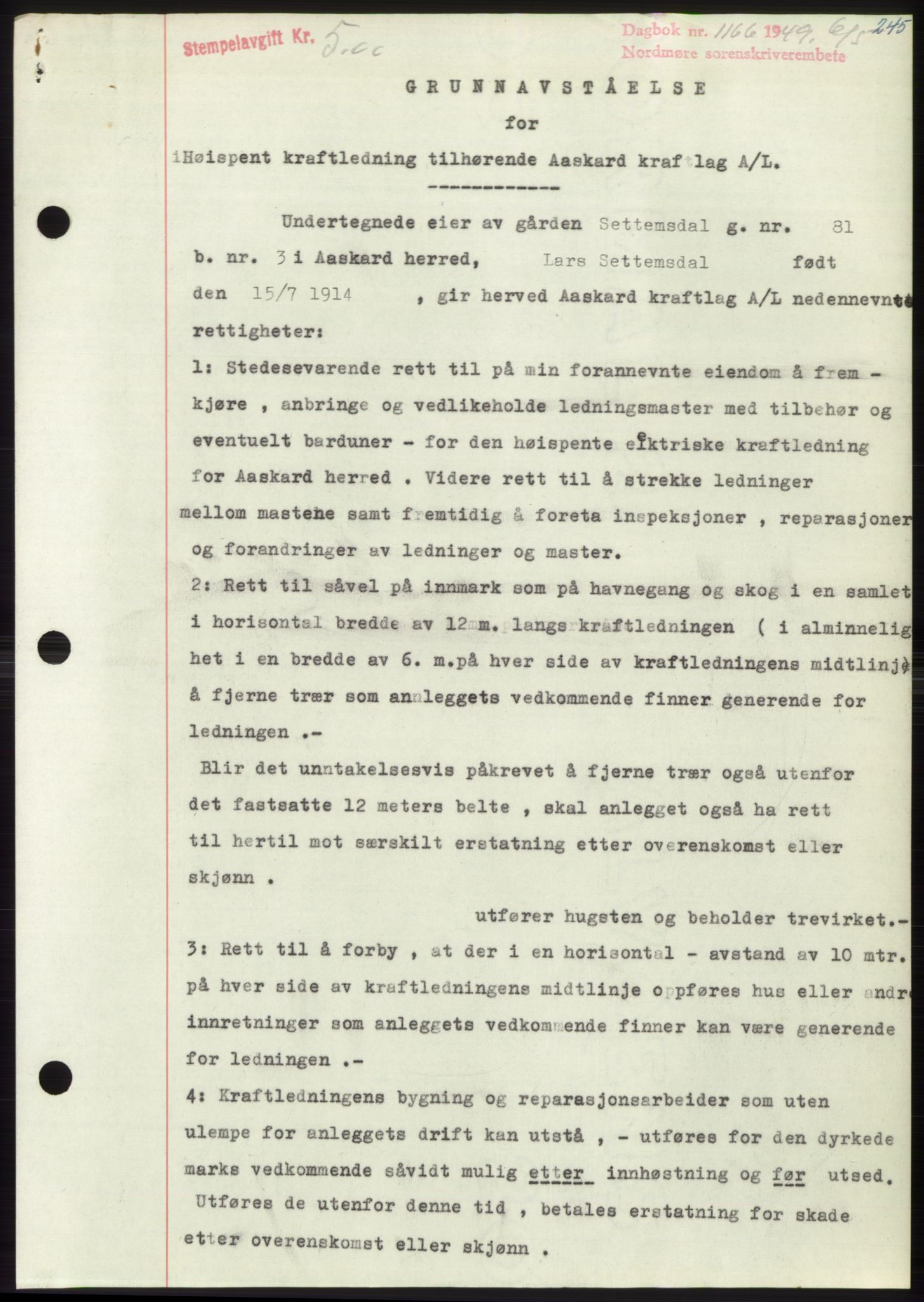 Nordmøre sorenskriveri, SAT/A-4132/1/2/2Ca: Pantebok nr. B101, 1949-1949, Dagboknr: 1166/1949