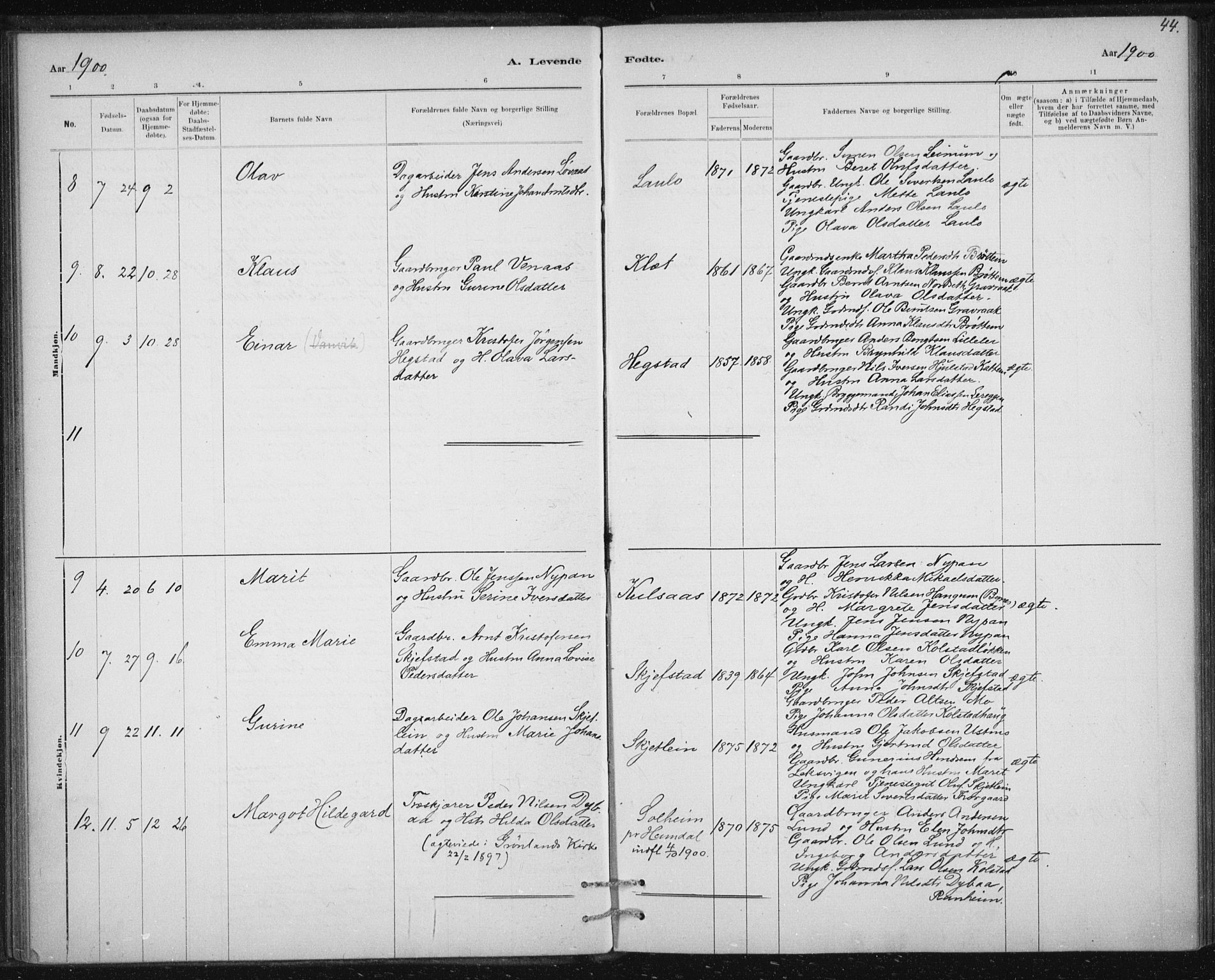 Ministerialprotokoller, klokkerbøker og fødselsregistre - Sør-Trøndelag, AV/SAT-A-1456/613/L0392: Ministerialbok nr. 613A01, 1887-1906, s. 44