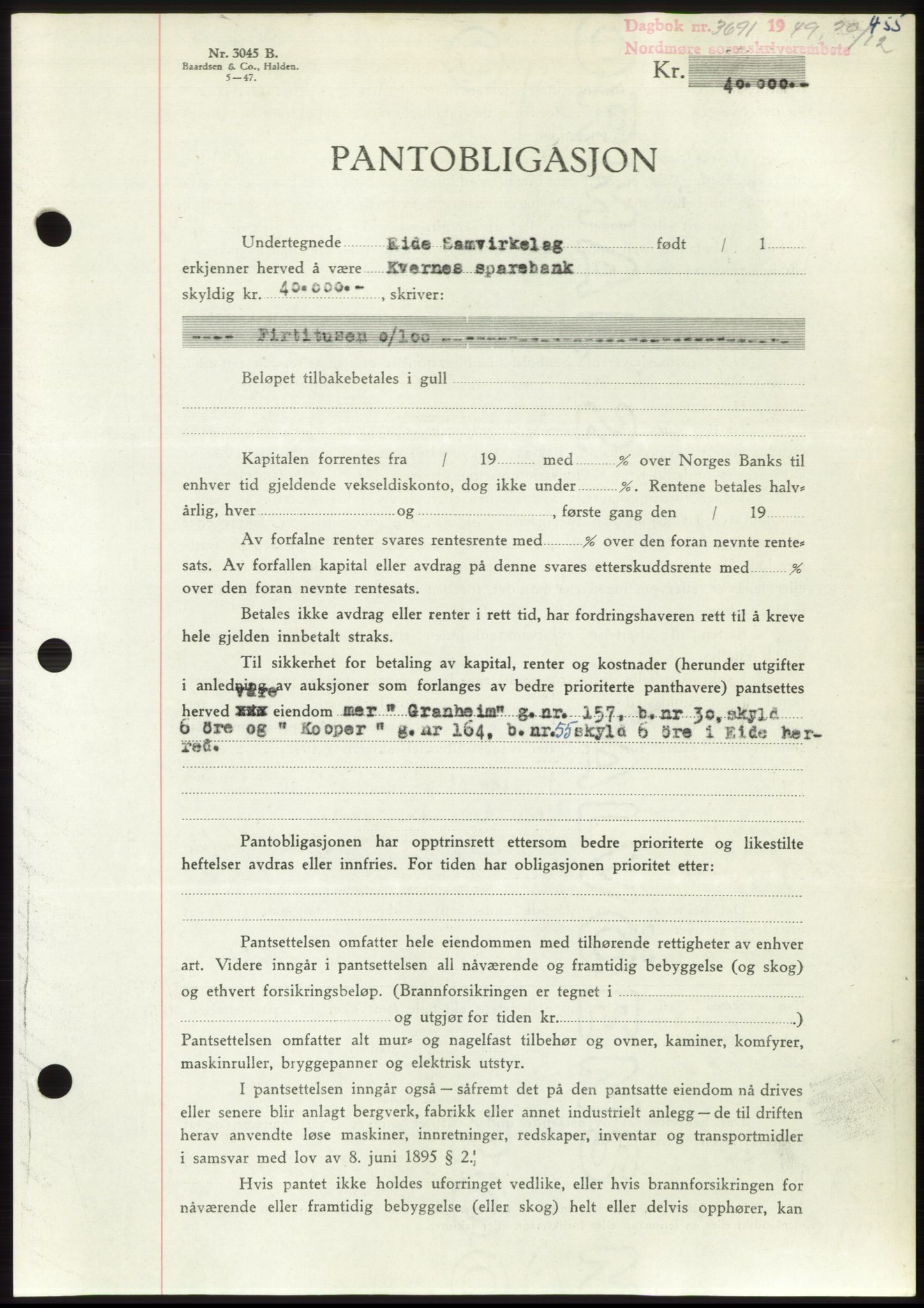 Nordmøre sorenskriveri, SAT/A-4132/1/2/2Ca: Pantebok nr. B103, 1949-1950, Dagboknr: 3691/1949