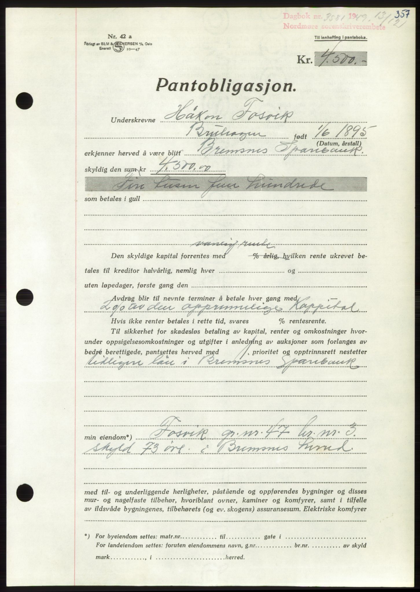 Nordmøre sorenskriveri, AV/SAT-A-4132/1/2/2Ca: Pantebok nr. B103, 1949-1950, Dagboknr: 3581/1949