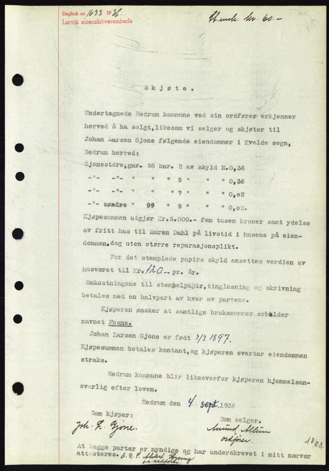 Larvik sorenskriveri, SAKO/A-83/G/Ga/Gab/L0067: Pantebok nr. A-1, 1936-1937, Dagboknr: 1633/1936