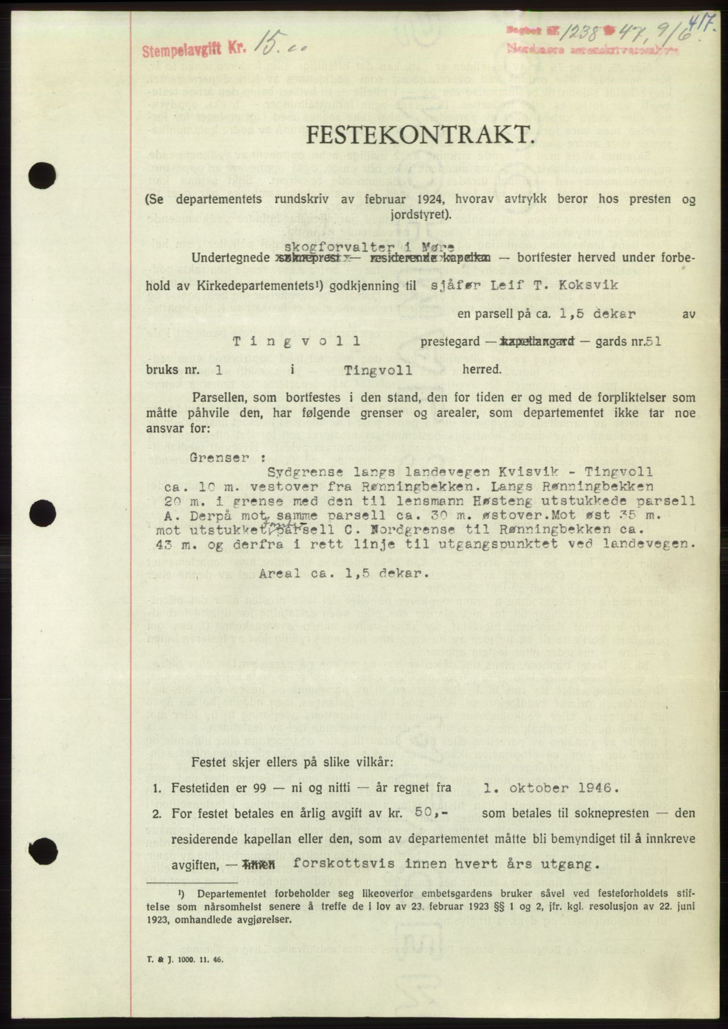 Nordmøre sorenskriveri, SAT/A-4132/1/2/2Ca: Pantebok nr. B96, 1947-1947, Dagboknr: 1238/1947
