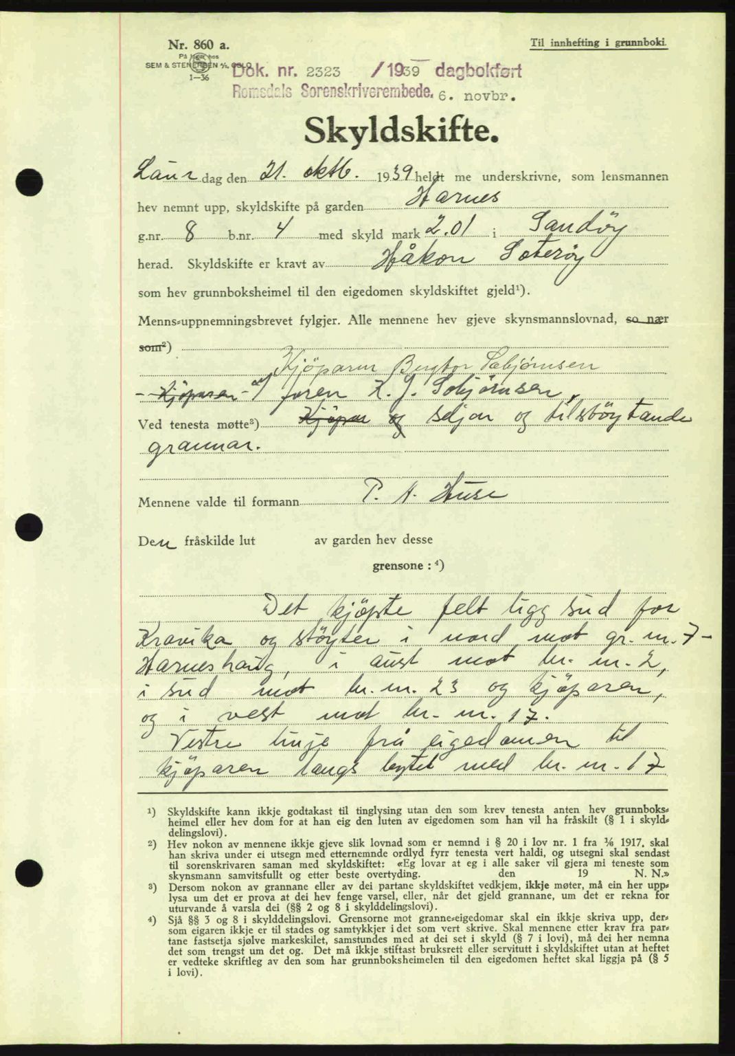 Romsdal sorenskriveri, AV/SAT-A-4149/1/2/2C: Pantebok nr. A7, 1939-1939, Dagboknr: 2323/1939