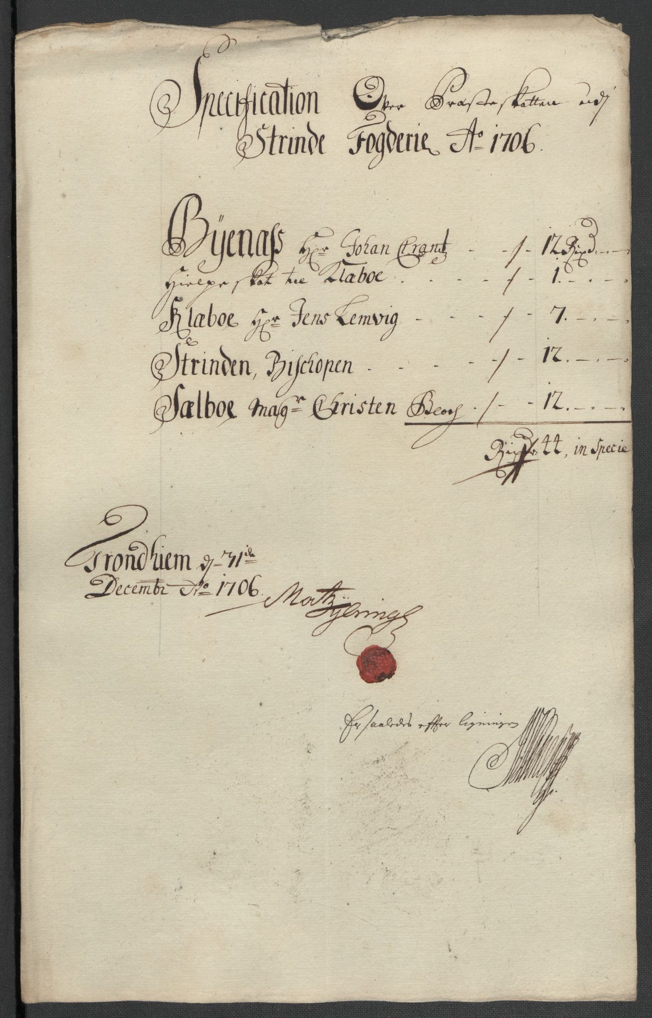 Rentekammeret inntil 1814, Reviderte regnskaper, Fogderegnskap, AV/RA-EA-4092/R61/L4109: Fogderegnskap Strinda og Selbu, 1704-1706, s. 550