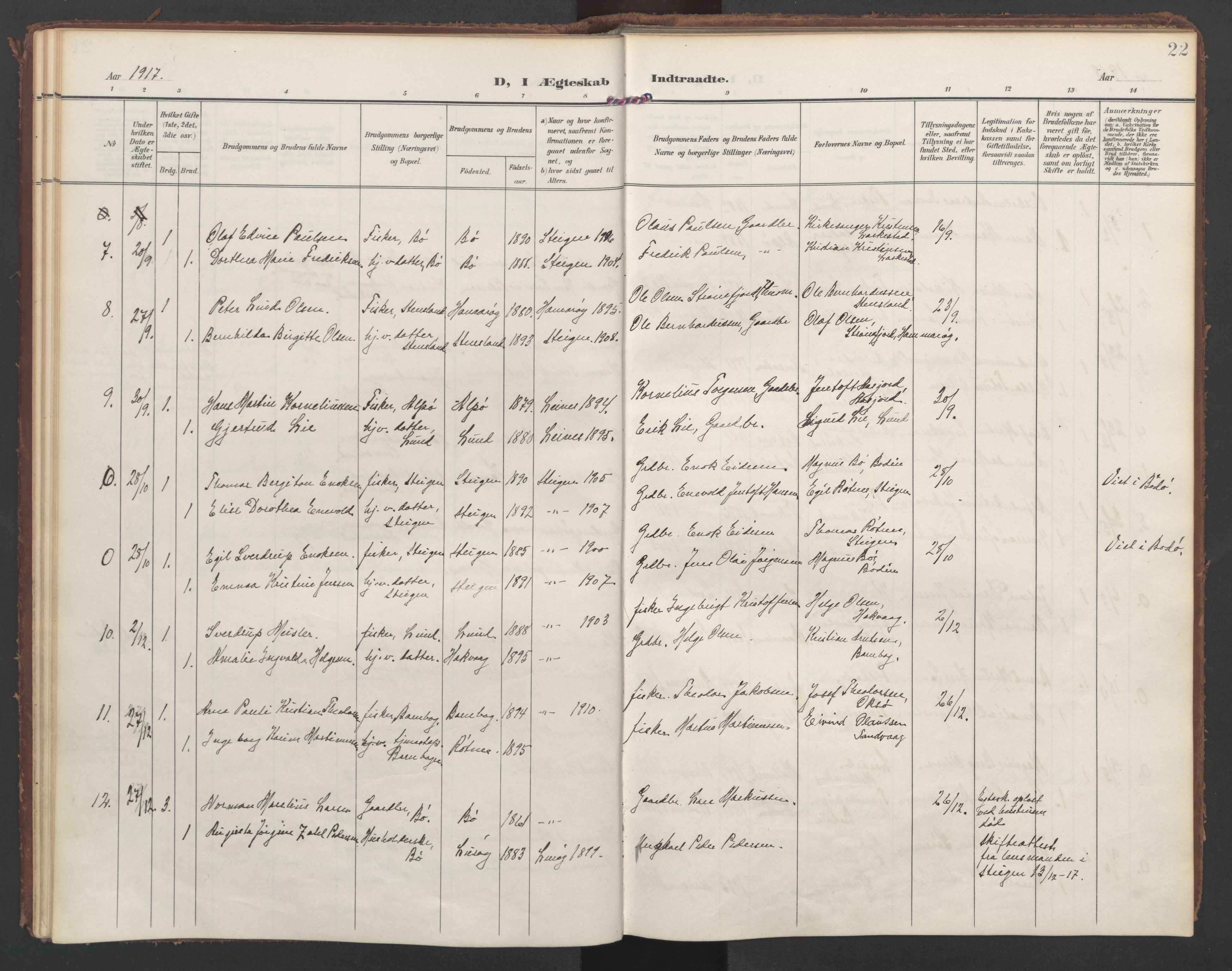 Ministerialprotokoller, klokkerbøker og fødselsregistre - Nordland, AV/SAT-A-1459/855/L0806: Ministerialbok nr. 855A14, 1906-1922, s. 22