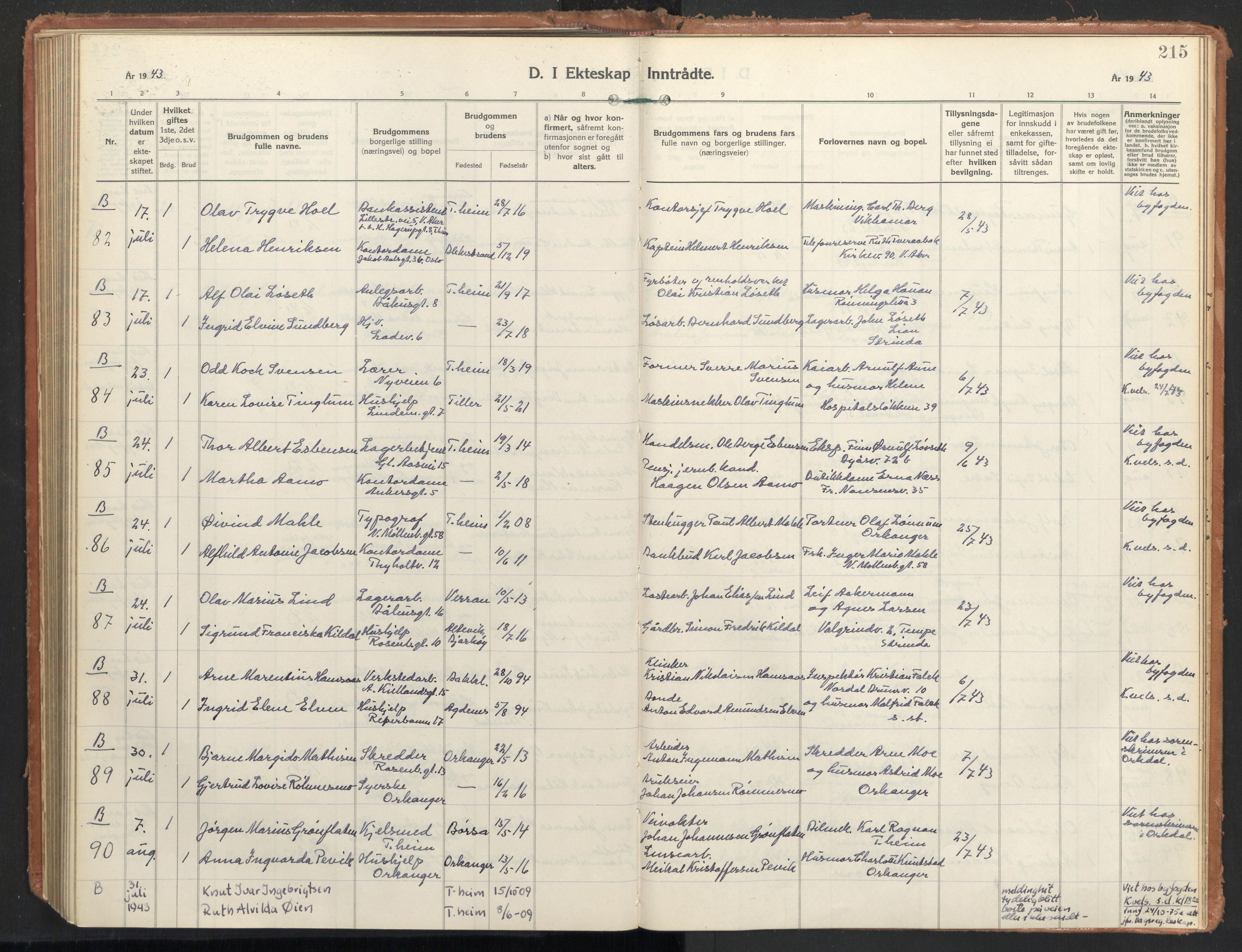 Ministerialprotokoller, klokkerbøker og fødselsregistre - Sør-Trøndelag, AV/SAT-A-1456/604/L0209: Ministerialbok nr. 604A29, 1931-1945, s. 215