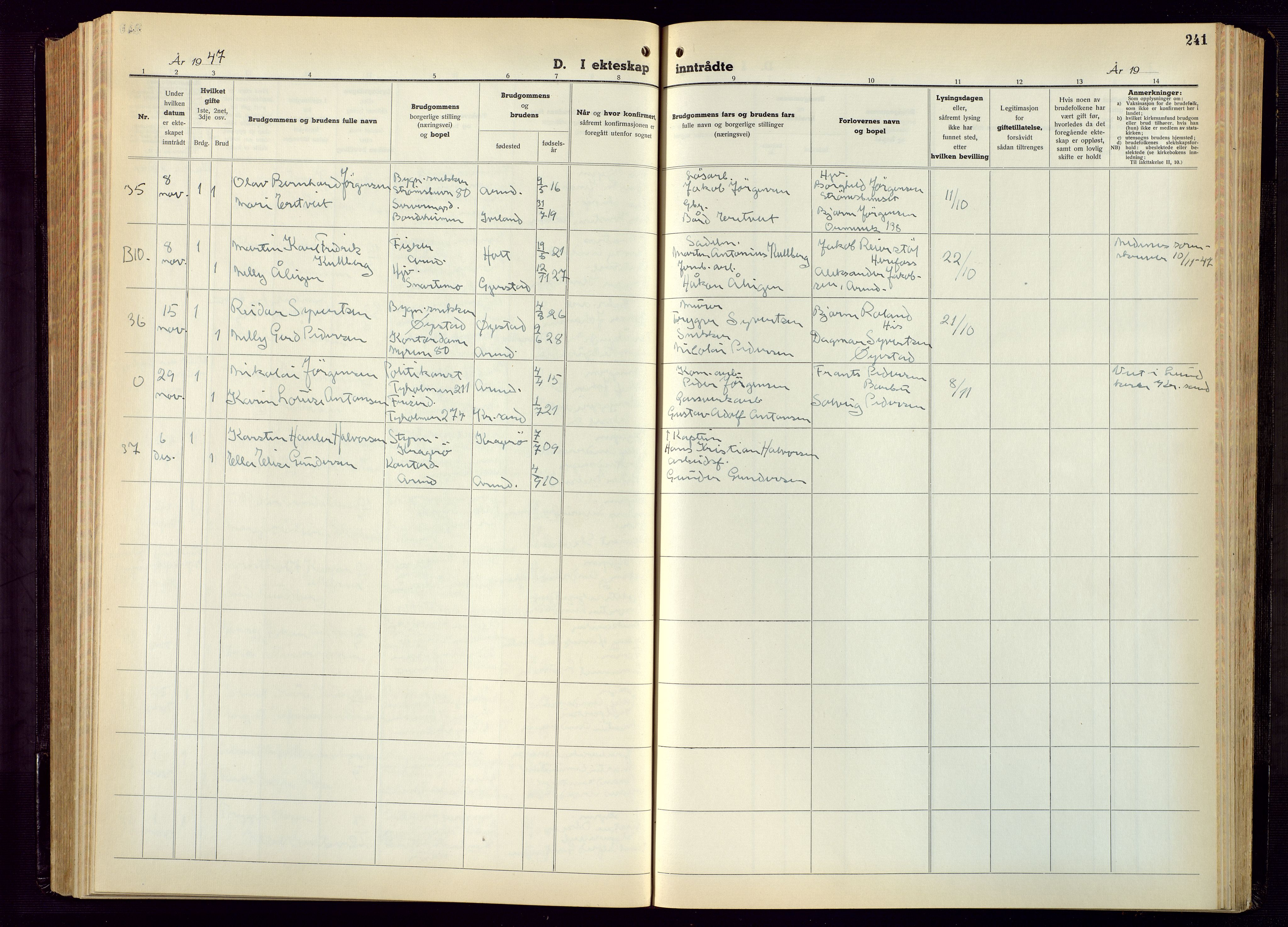 Arendal sokneprestkontor, Trefoldighet, AV/SAK-1111-0040/F/Fb/L0009: Klokkerbok nr. B 9, 1940-1949, s. 241