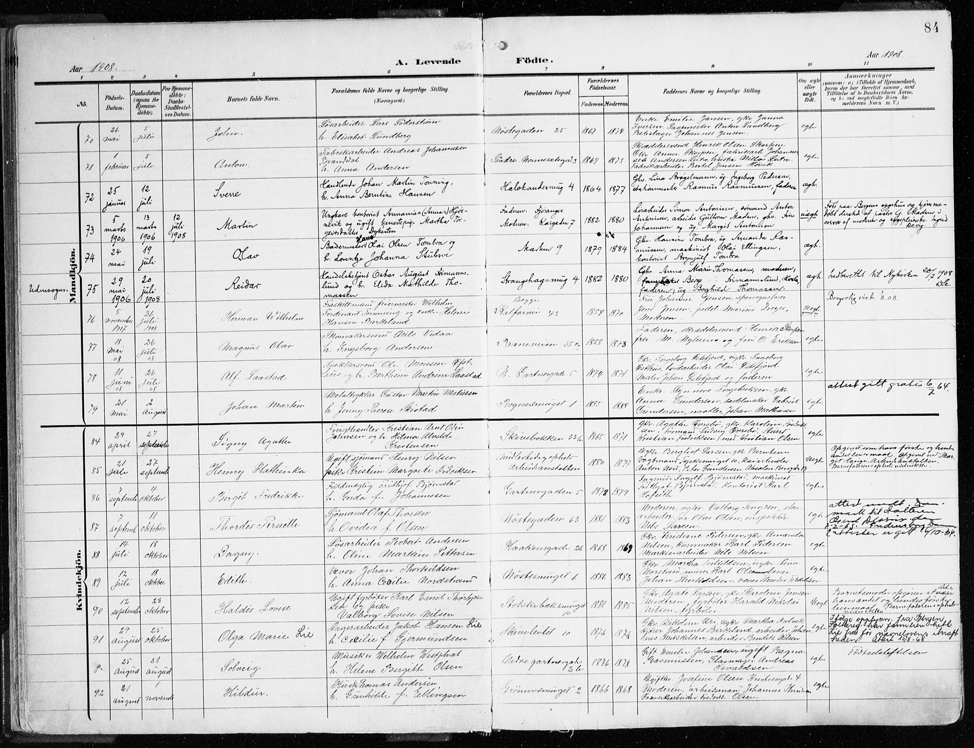 Domkirken sokneprestembete, AV/SAB-A-74801/H/Haa/L0025: Ministerialbok nr. B 8, 1903-1925, s. 84