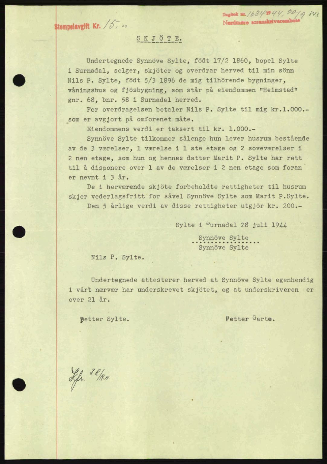 Nordmøre sorenskriveri, SAT/A-4132/1/2/2Ca: Pantebok nr. A98, 1944-1944, Dagboknr: 1634/1944