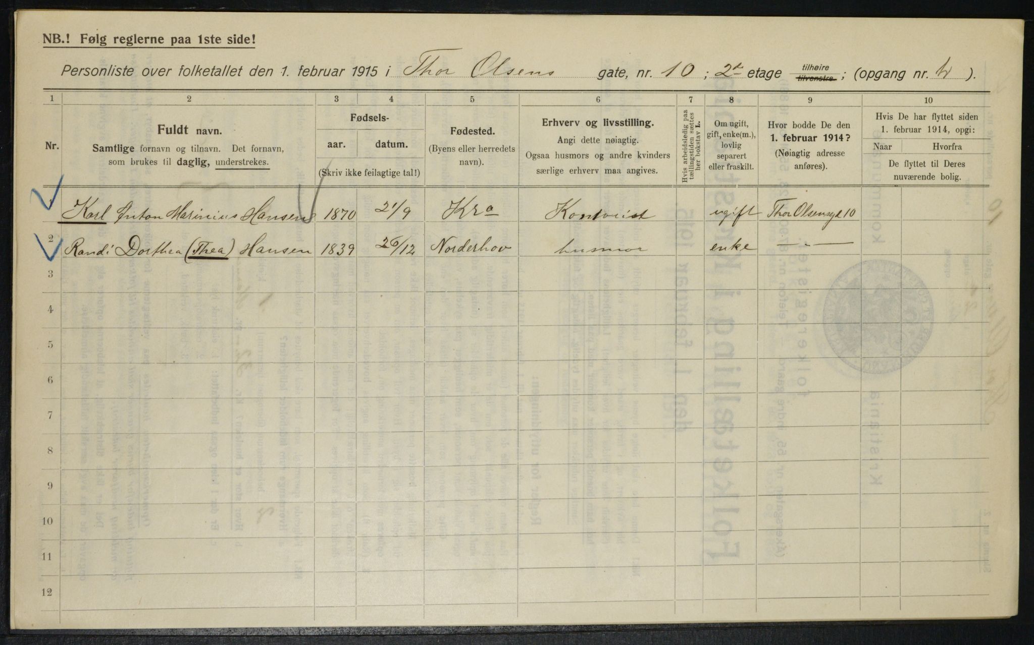 OBA, Kommunal folketelling 1.2.1915 for Kristiania, 1915, s. 109779