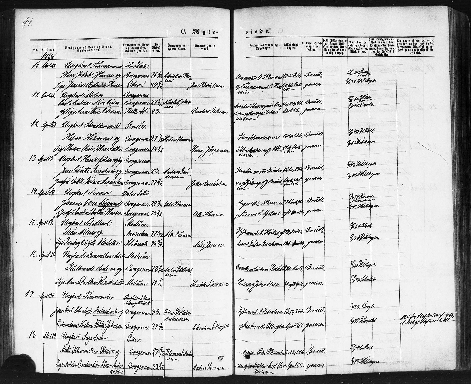 Bragernes kirkebøker, AV/SAKO-A-6/F/Fc/L0003: Ministerialbok nr. III 3, 1865-1874, s. 94