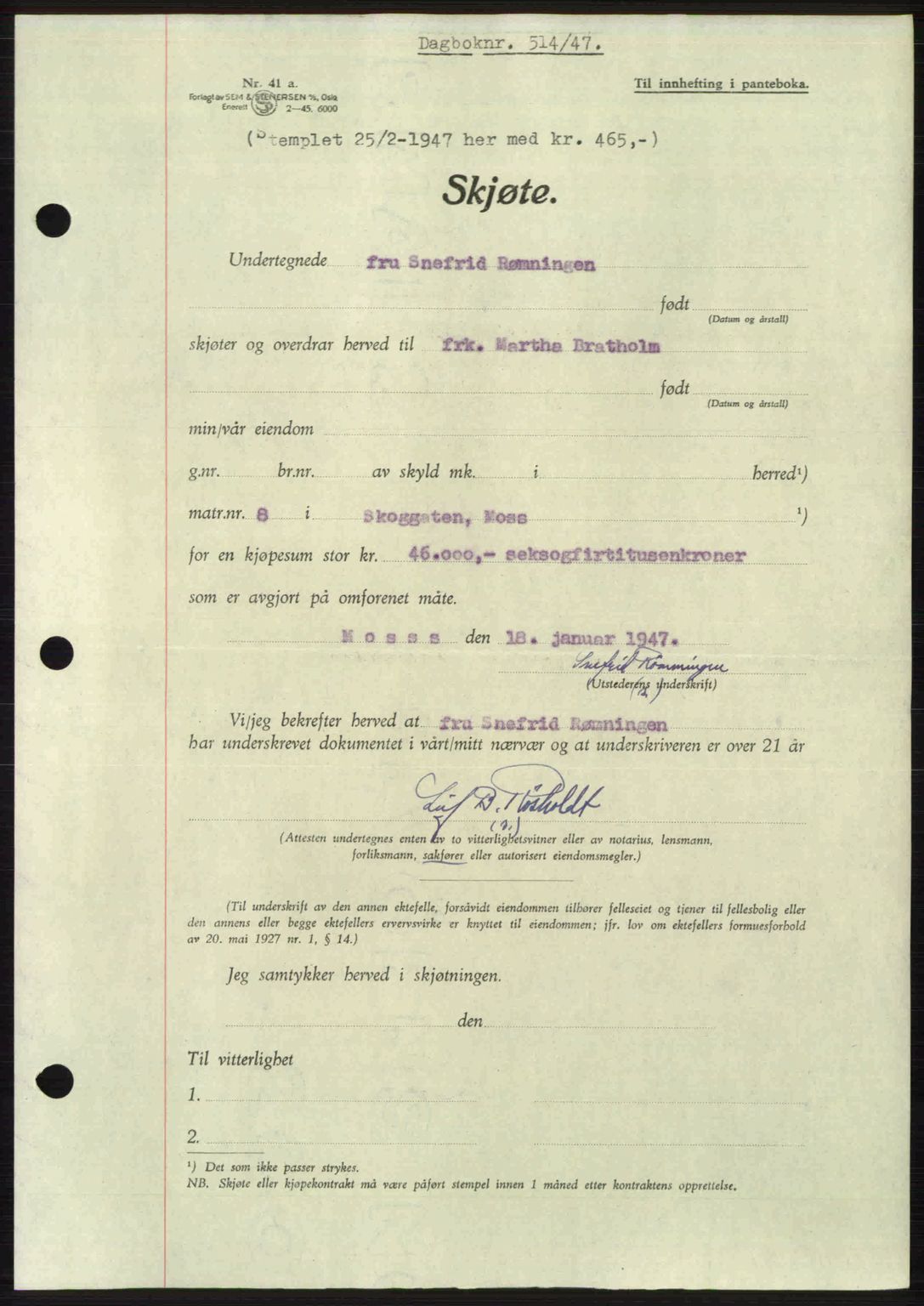 Moss sorenskriveri, SAO/A-10168: Pantebok nr. A17, 1947-1947, Dagboknr: 514/1947