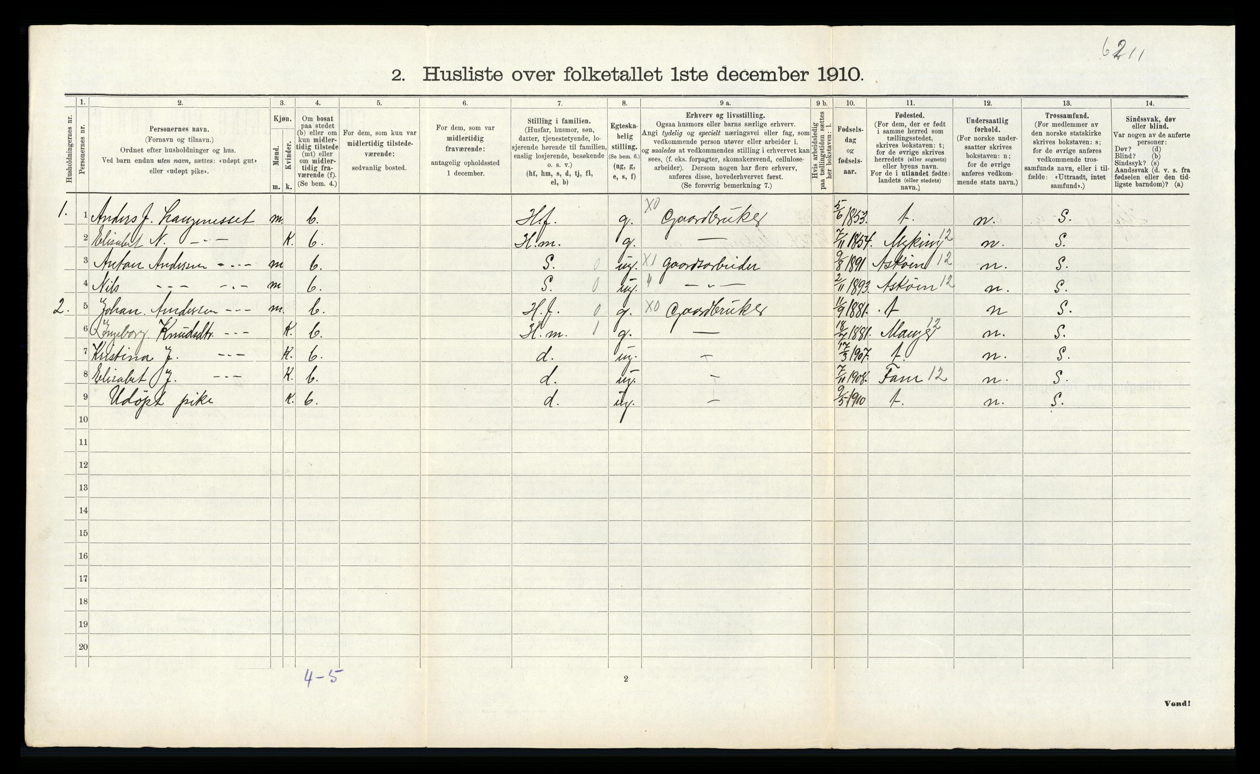 RA, Folketelling 1910 for 1250 Haus herred, 1910, s. 1067