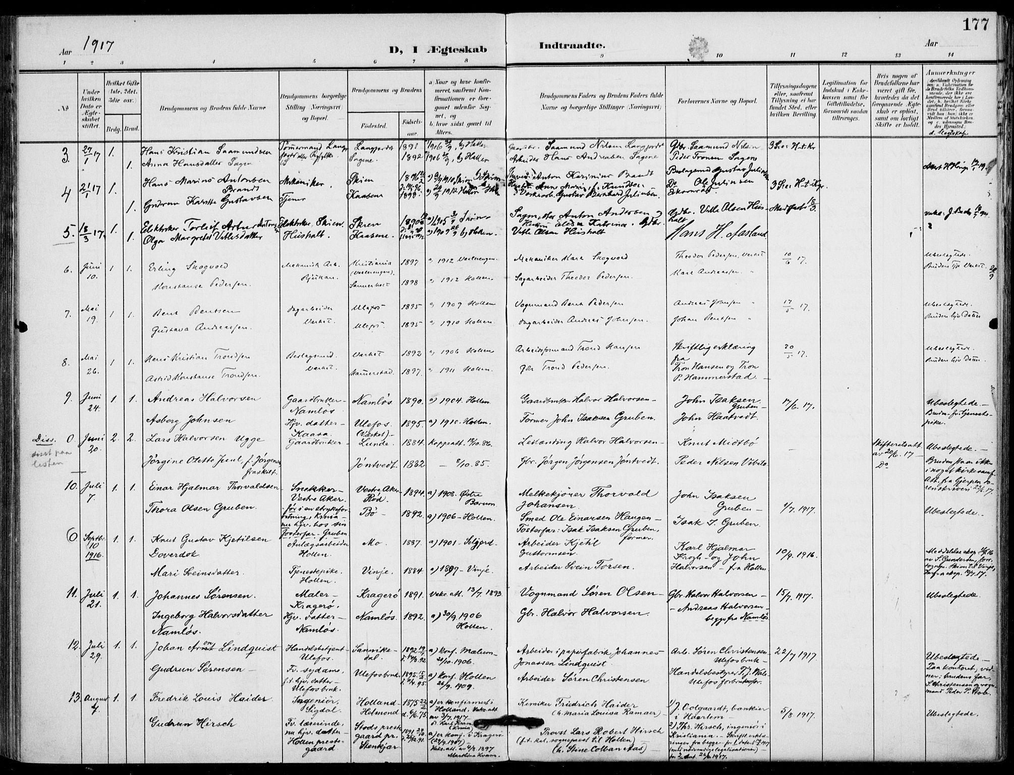 Holla kirkebøker, AV/SAKO-A-272/F/Fa/L0012: Ministerialbok nr. 12, 1907-1923, s. 177