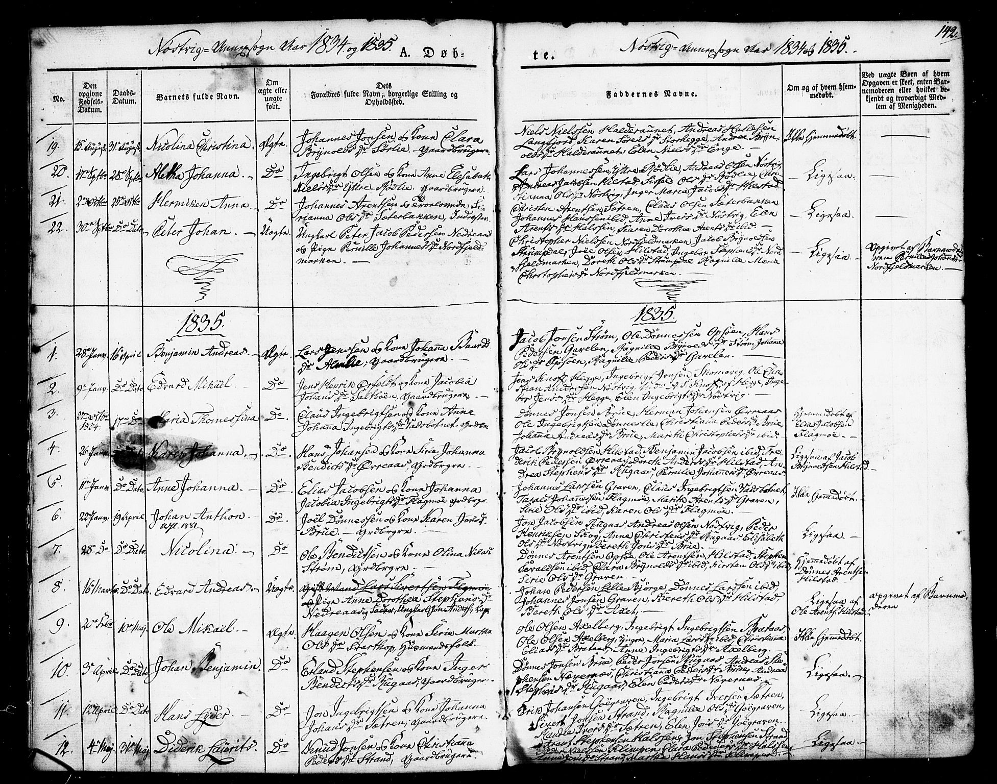 Ministerialprotokoller, klokkerbøker og fødselsregistre - Nordland, AV/SAT-A-1459/814/L0224: Ministerialbok nr. 814A05, 1834-1874, s. 142