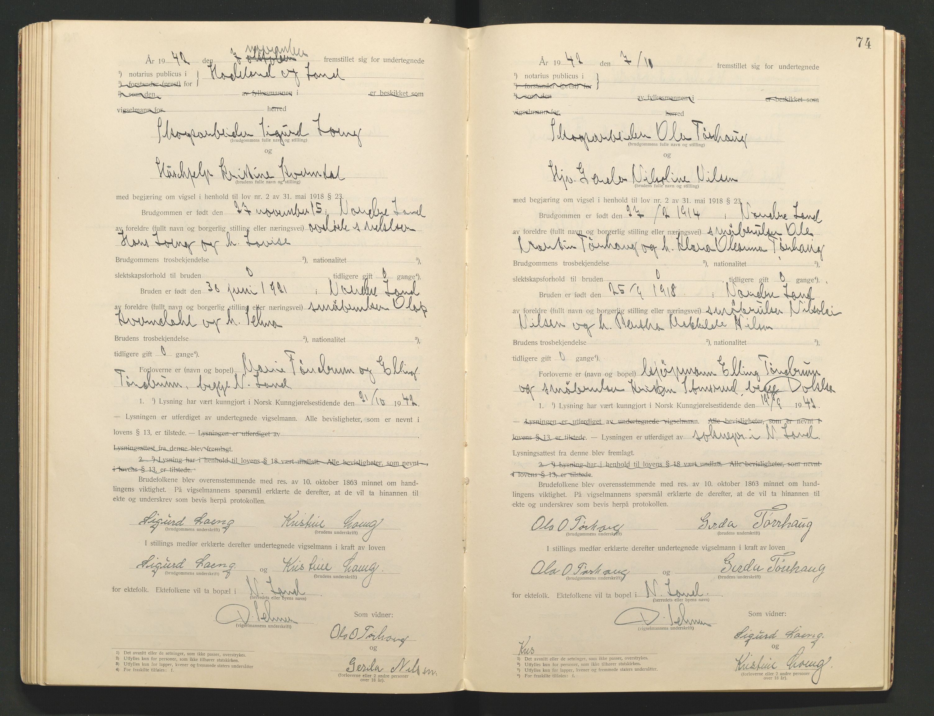Hadeland og Land tingrett, AV/SAH-TING-010/L/Lb/L0001: Vigselbok, 1920-1943, s. 74