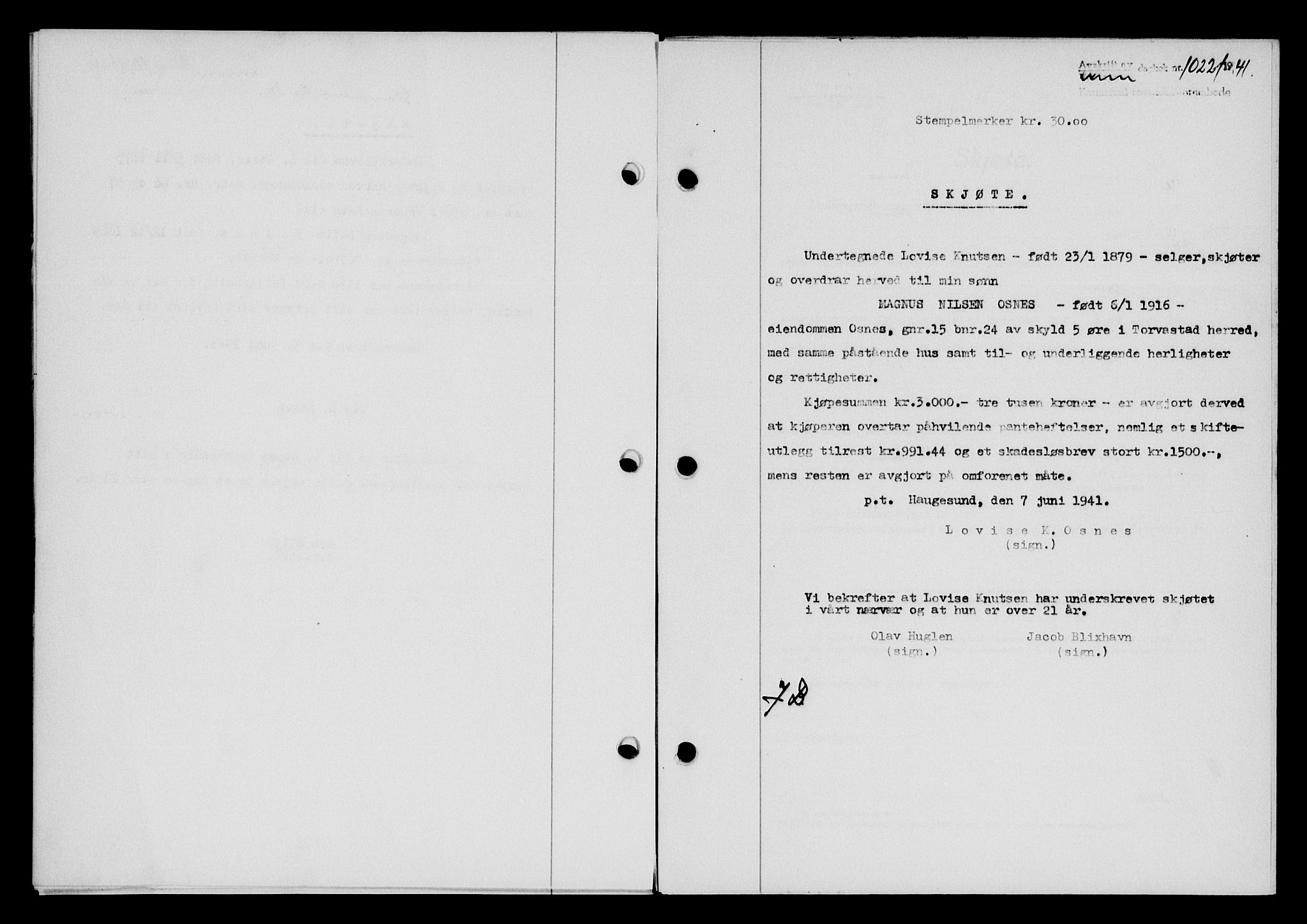 Karmsund sorenskriveri, SAST/A-100311/01/II/IIB/L0075: Pantebok nr. 56A, 1941-1941, Dagboknr: 1022/1941