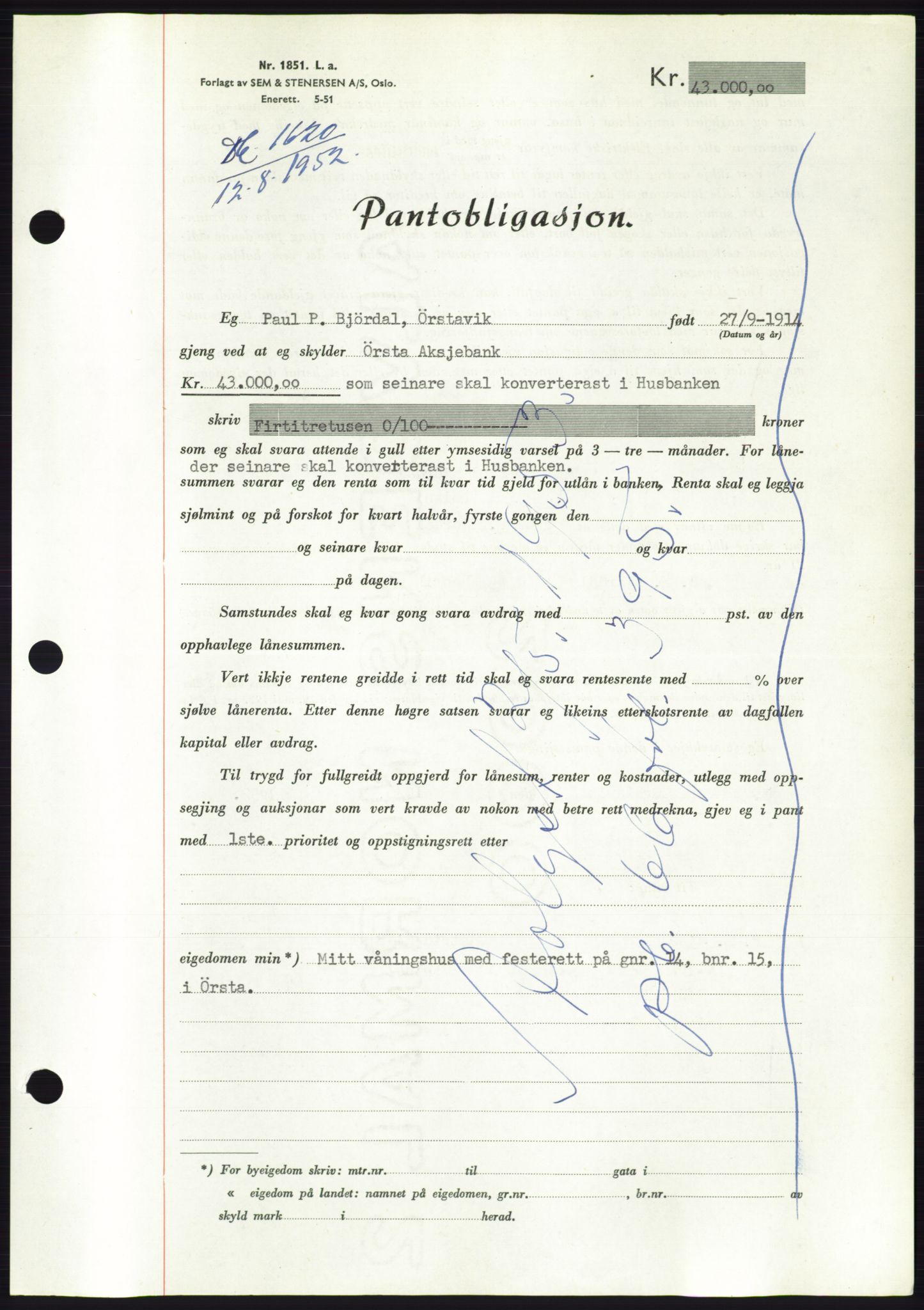 Søre Sunnmøre sorenskriveri, AV/SAT-A-4122/1/2/2C/L0121: Pantebok nr. 9B, 1951-1952, Dagboknr: 1620/1952