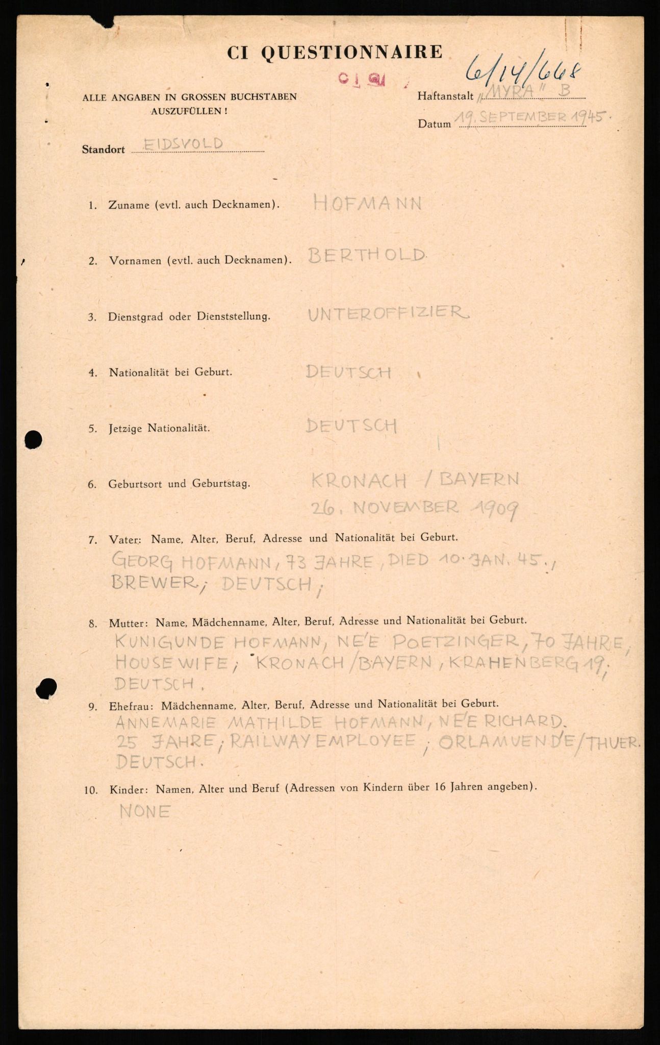 Forsvaret, Forsvarets overkommando II, AV/RA-RAFA-3915/D/Db/L0013: CI Questionaires. Tyske okkupasjonsstyrker i Norge. Tyskere., 1945-1946, s. 364