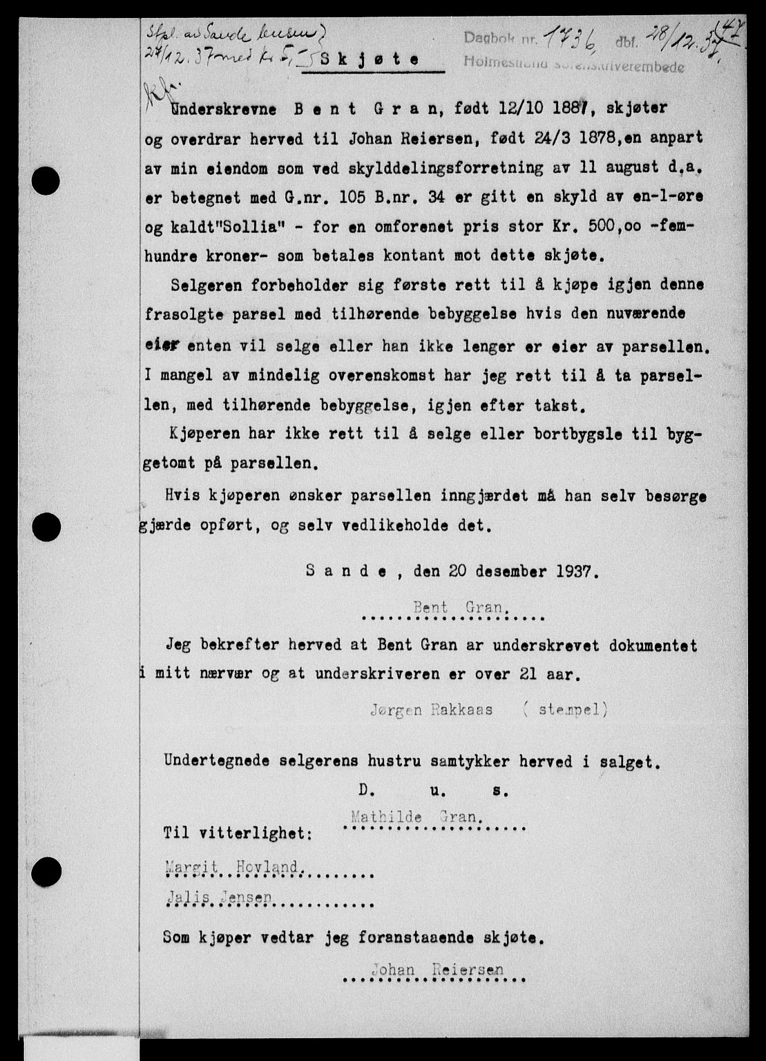Holmestrand sorenskriveri, SAKO/A-67/G/Ga/Gaa/L0049: Pantebok nr. A-49, 1937-1938, Dagboknr: 1736/1937