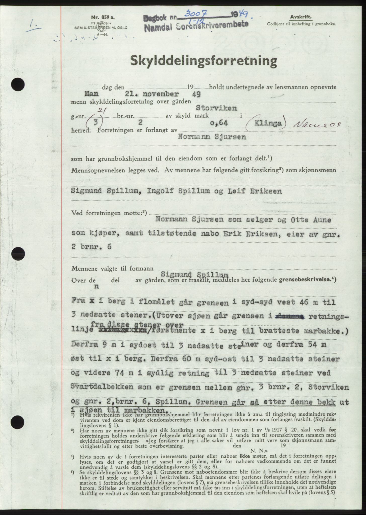 Namdal sorenskriveri, SAT/A-4133/1/2/2C: Pantebok nr. -, 1949-1949, Dagboknr: 3007/1949
