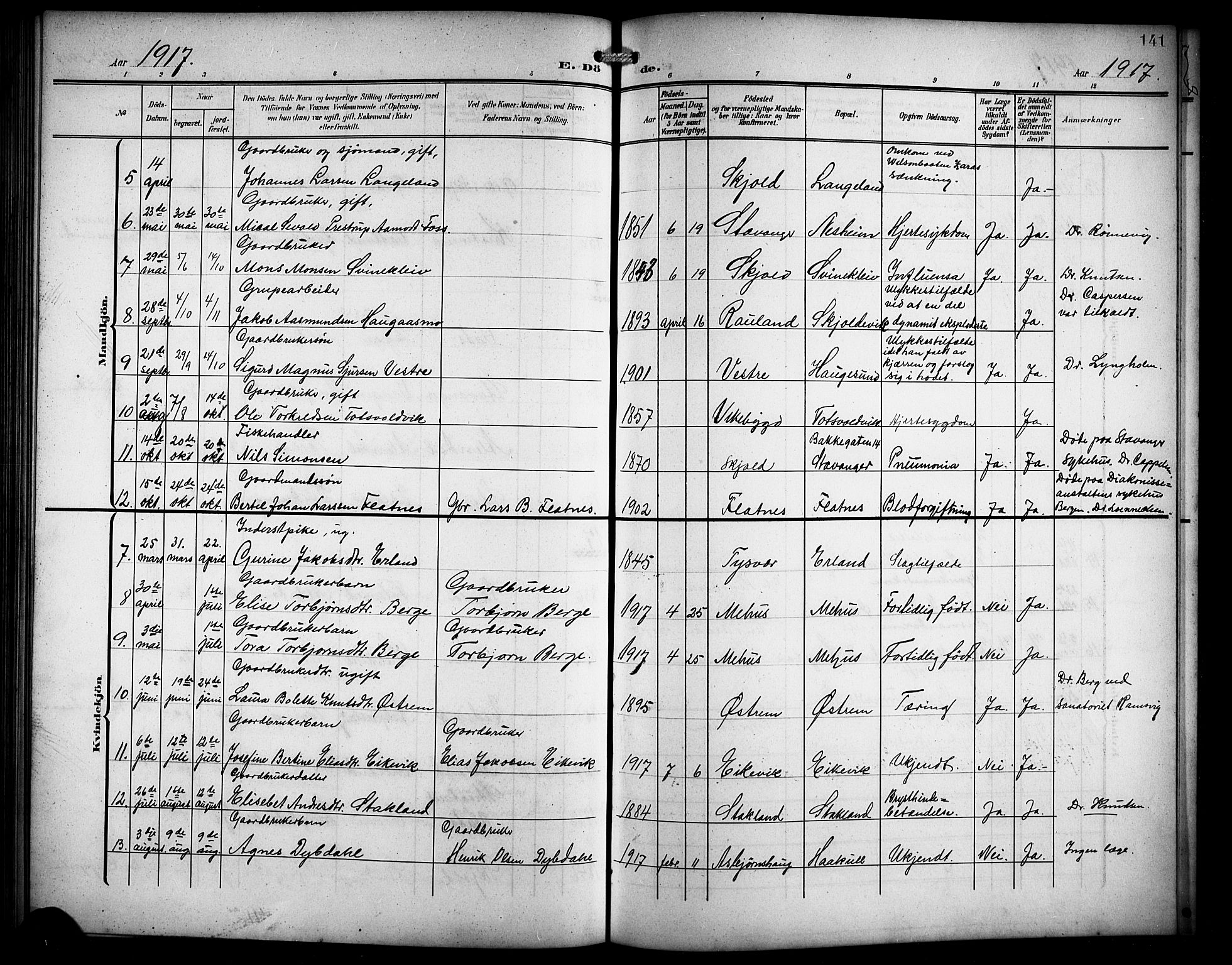 Skjold sokneprestkontor, AV/SAST-A-101847/H/Ha/Hab/L0008: Klokkerbok nr. B 8, 1906-1920, s. 141