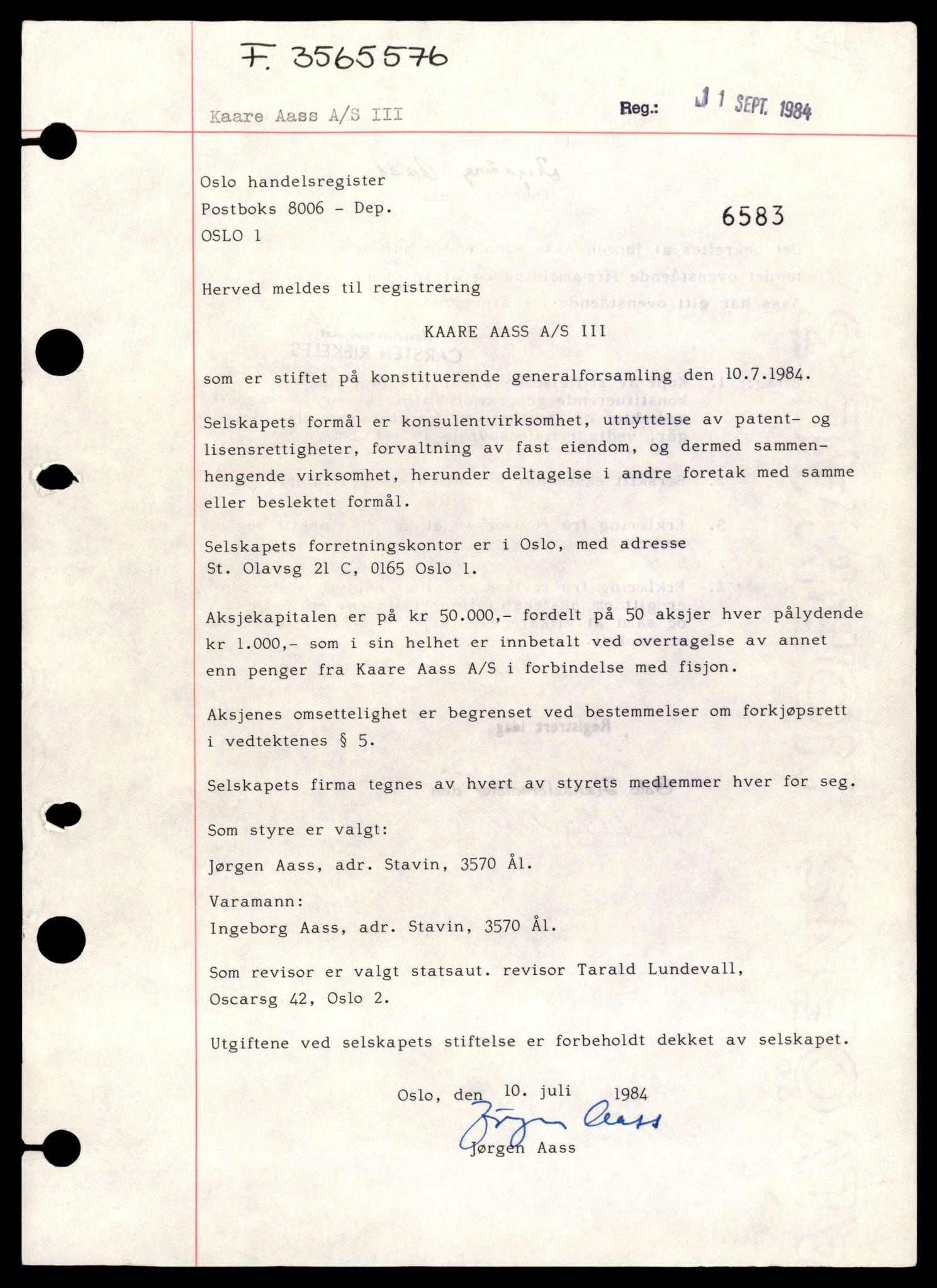 Oslo byfogd, Handelsregisteret, AV/SAT-A-10867/G/Gb/Gbb/L0076: Registreringsmeldinger, K-Md, 1985, s. 1