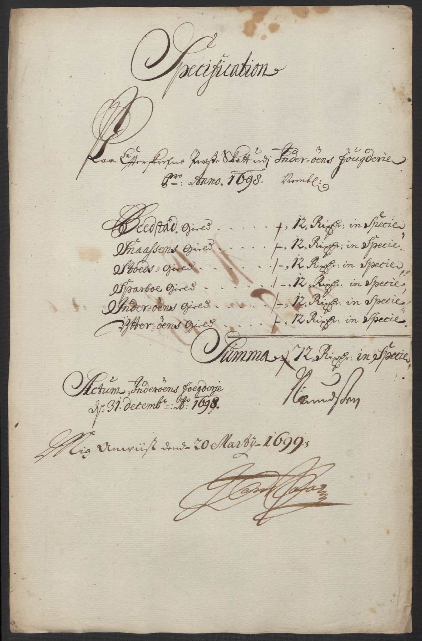 Rentekammeret inntil 1814, Reviderte regnskaper, Fogderegnskap, AV/RA-EA-4092/R63/L4310: Fogderegnskap Inderøy, 1698-1699, s. 179