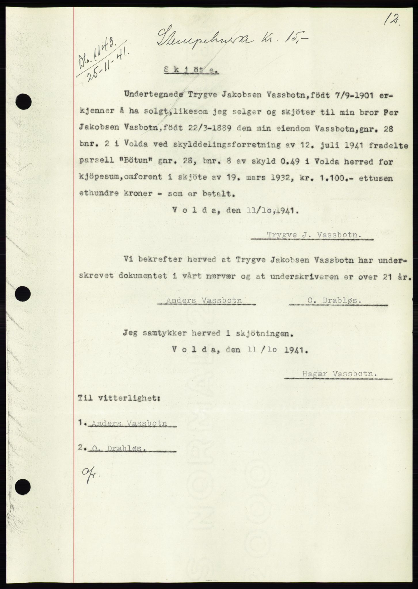 Søre Sunnmøre sorenskriveri, SAT/A-4122/1/2/2C/L0073: Pantebok nr. 67, 1941-1942, Dagboknr: 1143/1941