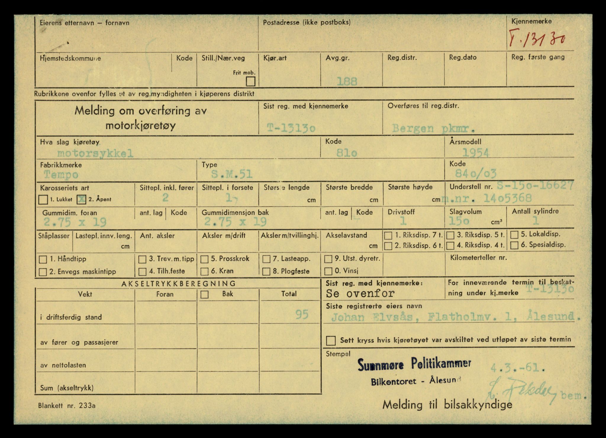Møre og Romsdal vegkontor - Ålesund trafikkstasjon, AV/SAT-A-4099/F/Fe/L0037: Registreringskort for kjøretøy T 13031 - T 13179, 1927-1998, s. 2003