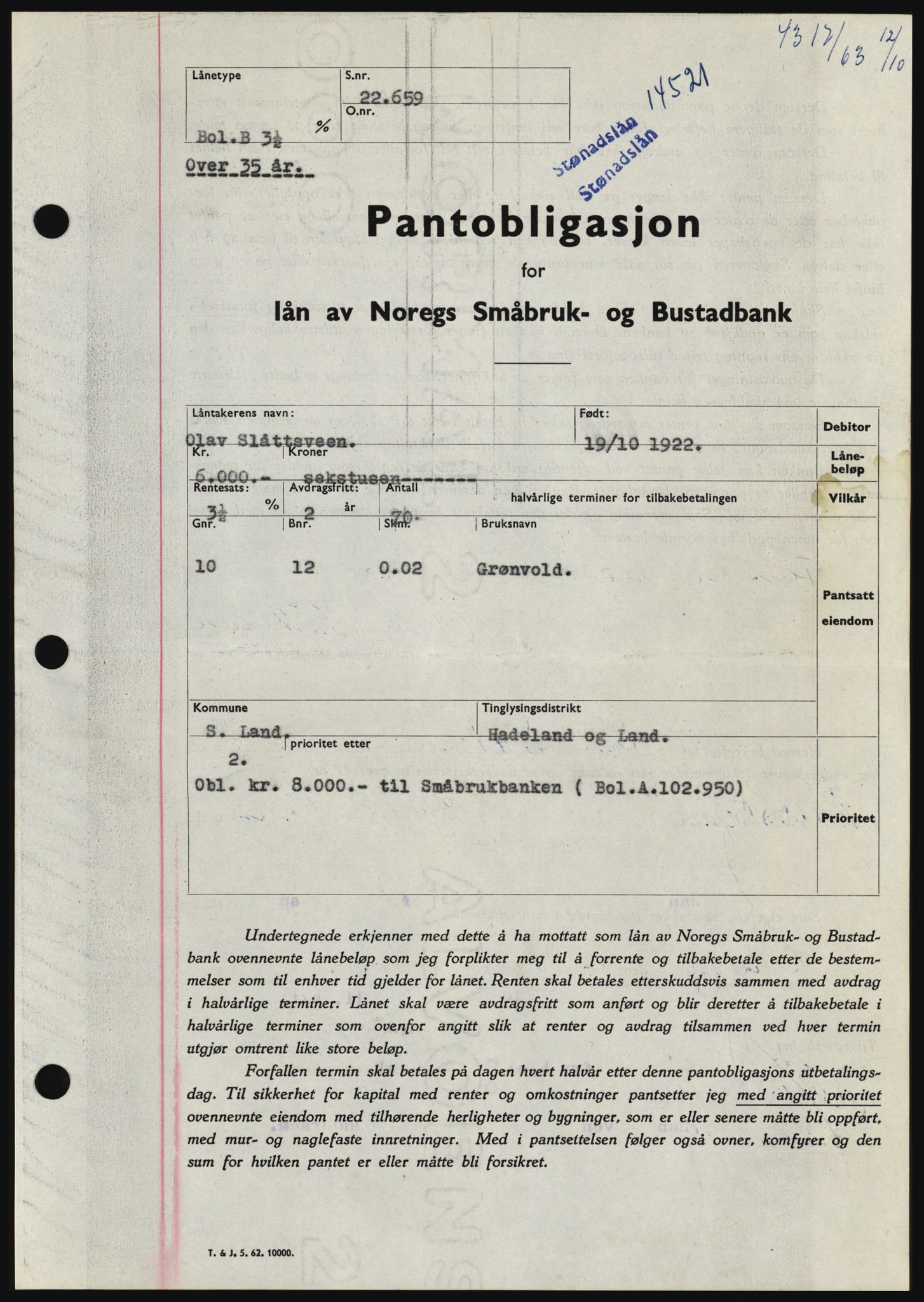 Hadeland og Land tingrett, SAH/TING-010/H/Hb/Hbc/L0053: Pantebok nr. B53, 1963-1964, Dagboknr: 4317/1963