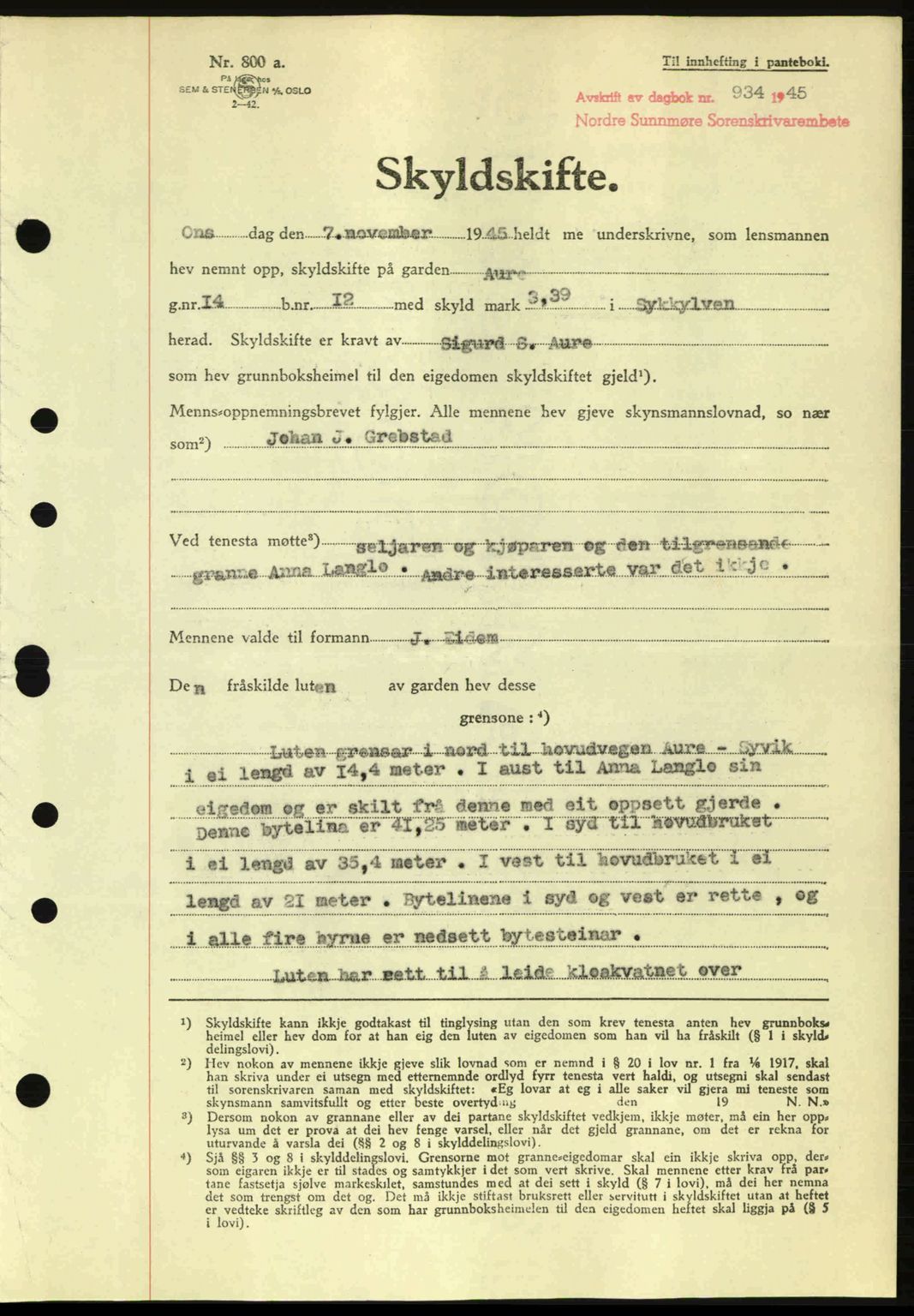 Nordre Sunnmøre sorenskriveri, SAT/A-0006/1/2/2C/2Ca: Pantebok nr. A20a, 1945-1945, Dagboknr: 934/1945