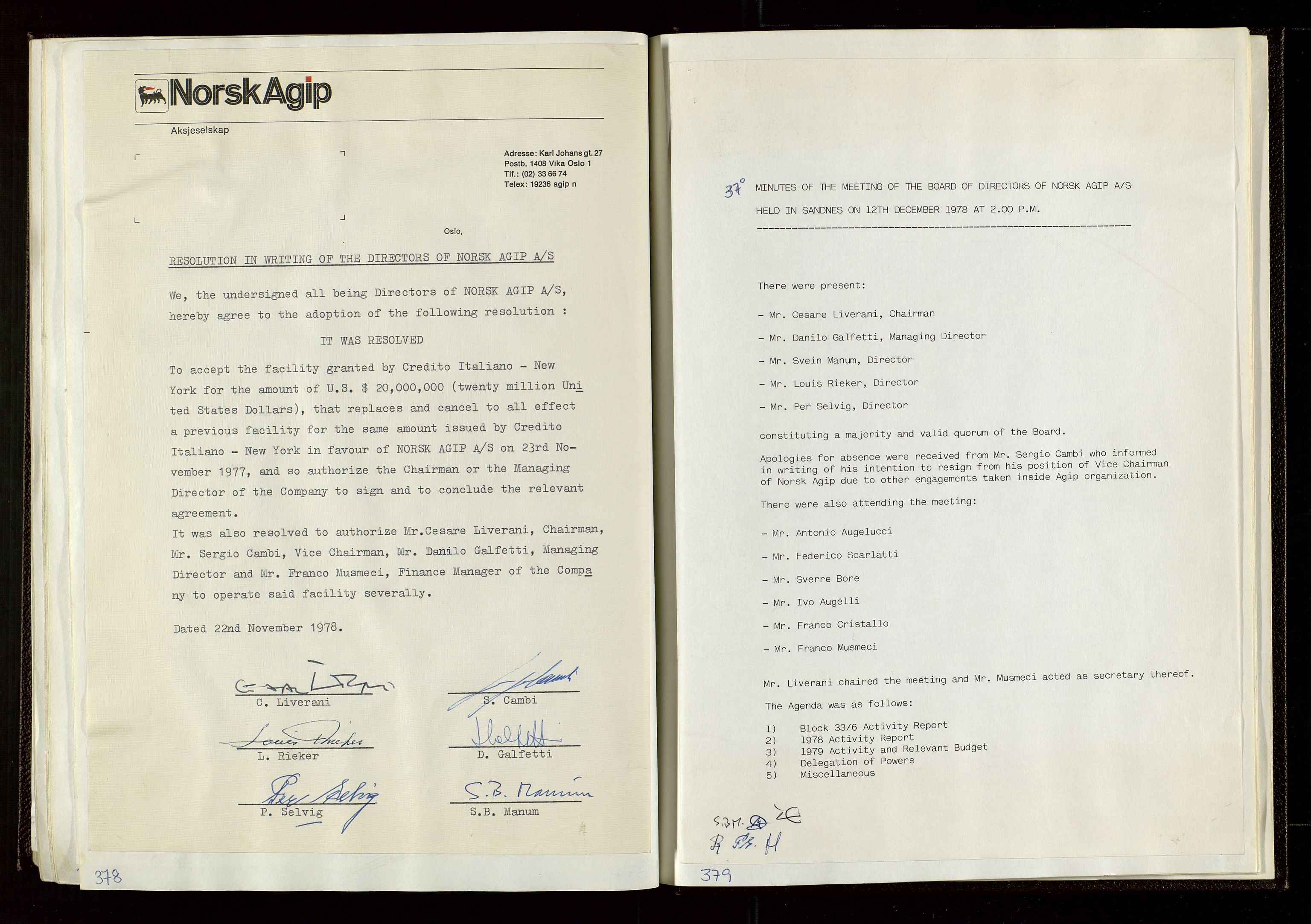 Pa 1583 - Norsk Agip AS, AV/SAST-A-102138/A/Aa/L0002: General assembly and Board of Directors meeting minutes, 1972-1979, s. 378-379