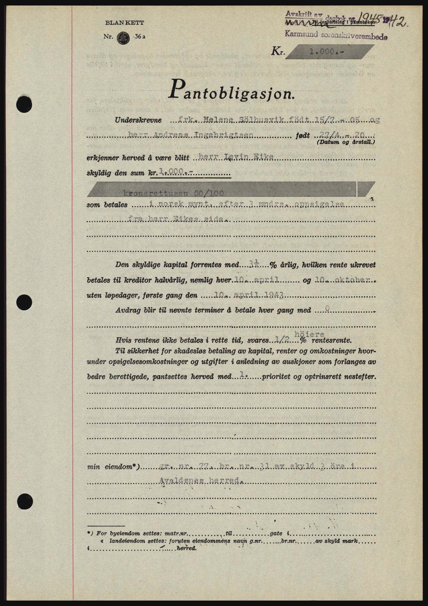 Karmsund sorenskriveri, SAST/A-100311/01/II/IIBBE/L0008: Pantebok nr. B 54, 1942-1943, Dagboknr: 1945/1942