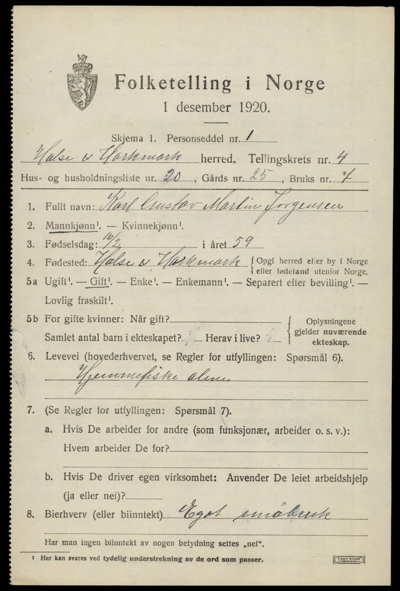 SAK, Folketelling 1920 for 1019 Halse og Harkmark herred, 1920, s. 3018
