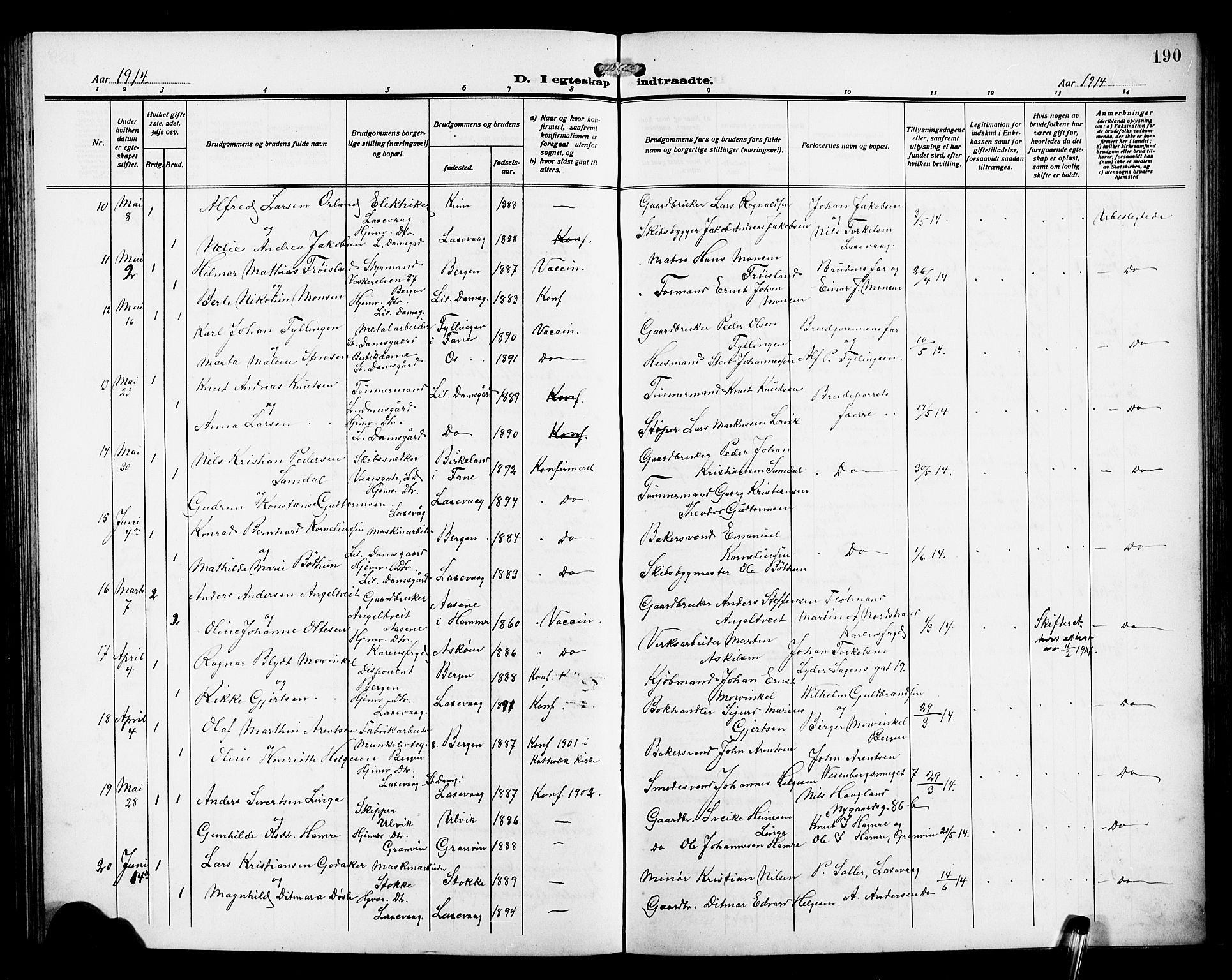 Laksevåg Sokneprestembete, AV/SAB-A-76501/H/Ha/Hab/Haba/L0005: Klokkerbok nr. A 5, 1910-1917, s. 190