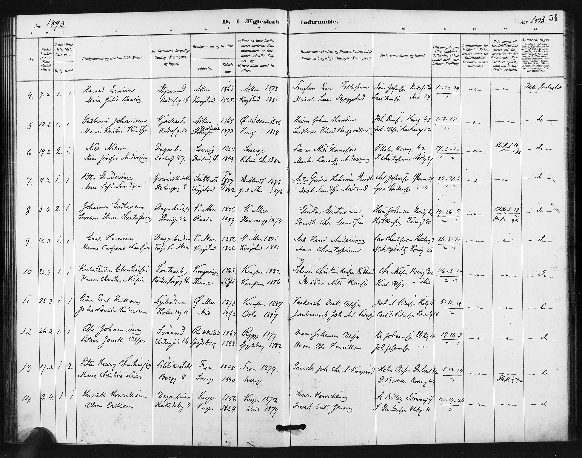 Kampen prestekontor Kirkebøker, AV/SAO-A-10853/F/Fa/L0006: Ministerialbok nr. I 6, 1889-1896, s. 54
