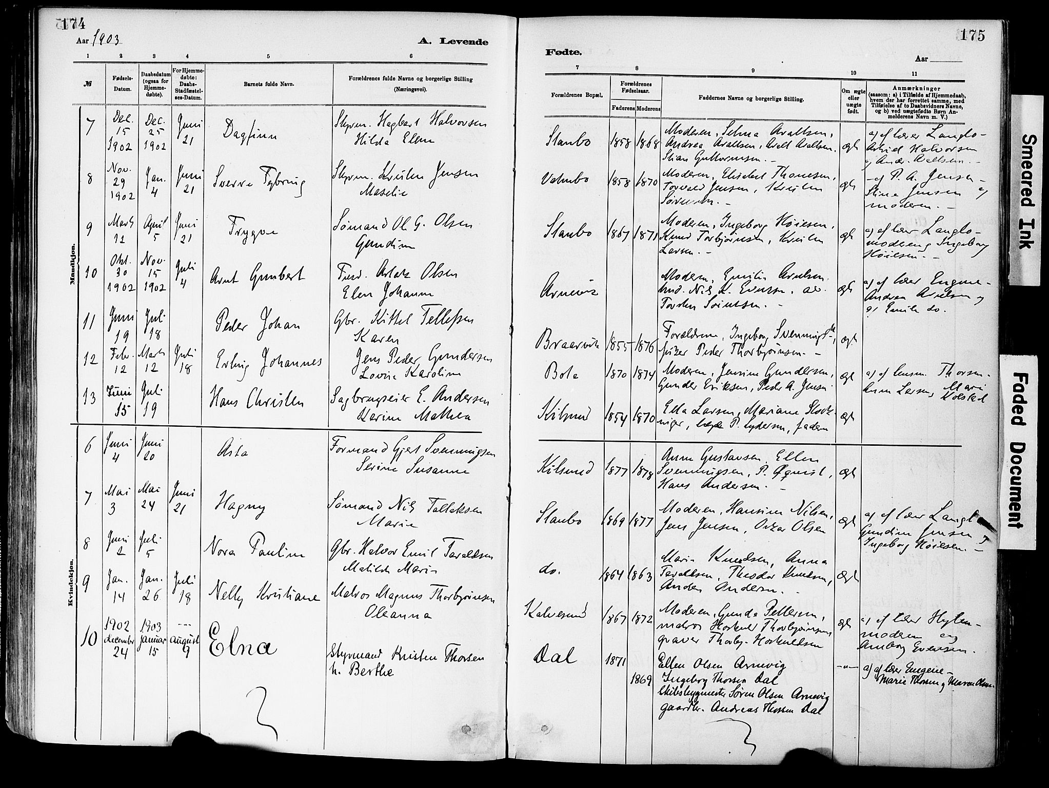 Dypvåg sokneprestkontor, AV/SAK-1111-0007/F/Fa/Fab/L0001: Ministerialbok nr. A 1, 1885-1912, s. 174-175