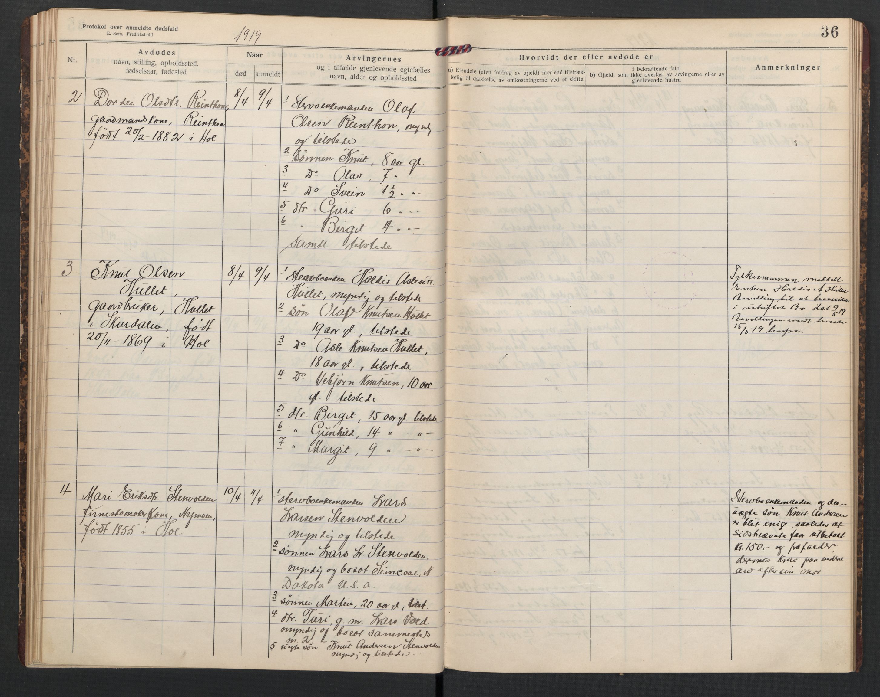 Hol lensmannskontor, SAKO/A-512/H/Ha/L0005: Dødsanmeldelsesprotokoll, 1917-1924, s. 36