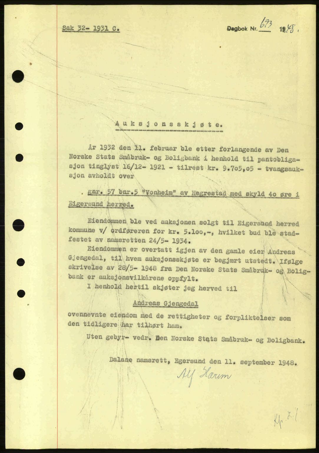 Dalane sorenskriveri, SAST/A-100309/02/G/Gb/L0051: Pantebok nr. A11, 1947-1948, Dagboknr: 693/1948