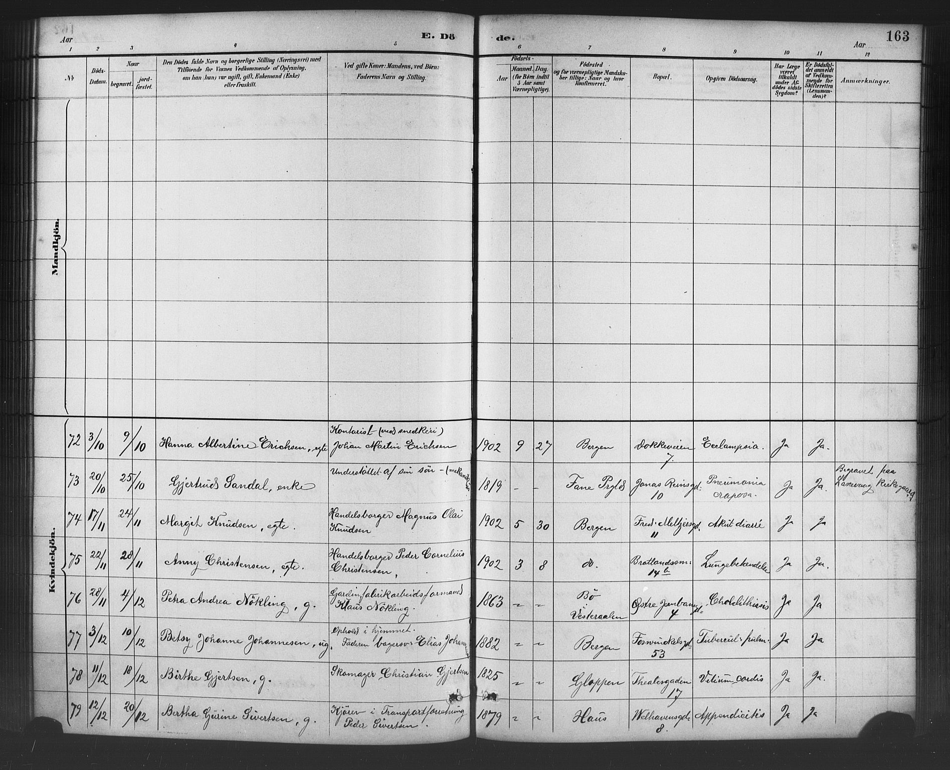 Johanneskirken sokneprestembete, AV/SAB-A-76001/H/Hab: Klokkerbok nr. D 1, 1885-1915, s. 163