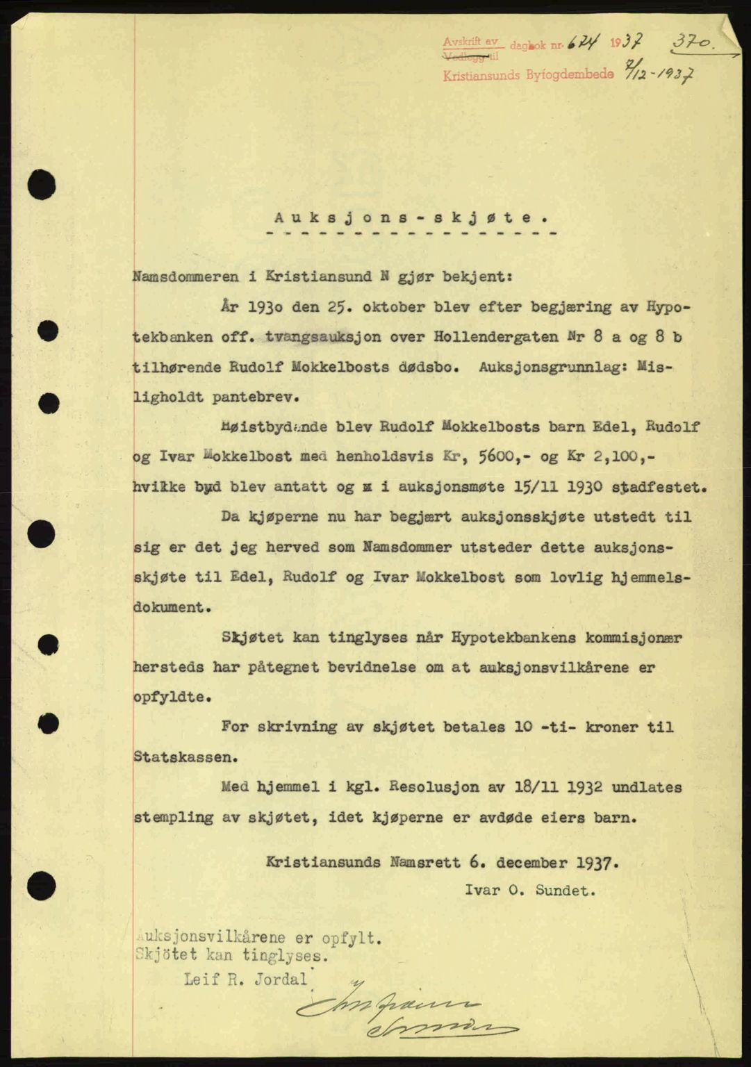 Kristiansund byfogd, AV/SAT-A-4587/A/27: Pantebok nr. 30, 1936-1941, Dagboknr: 674/1937