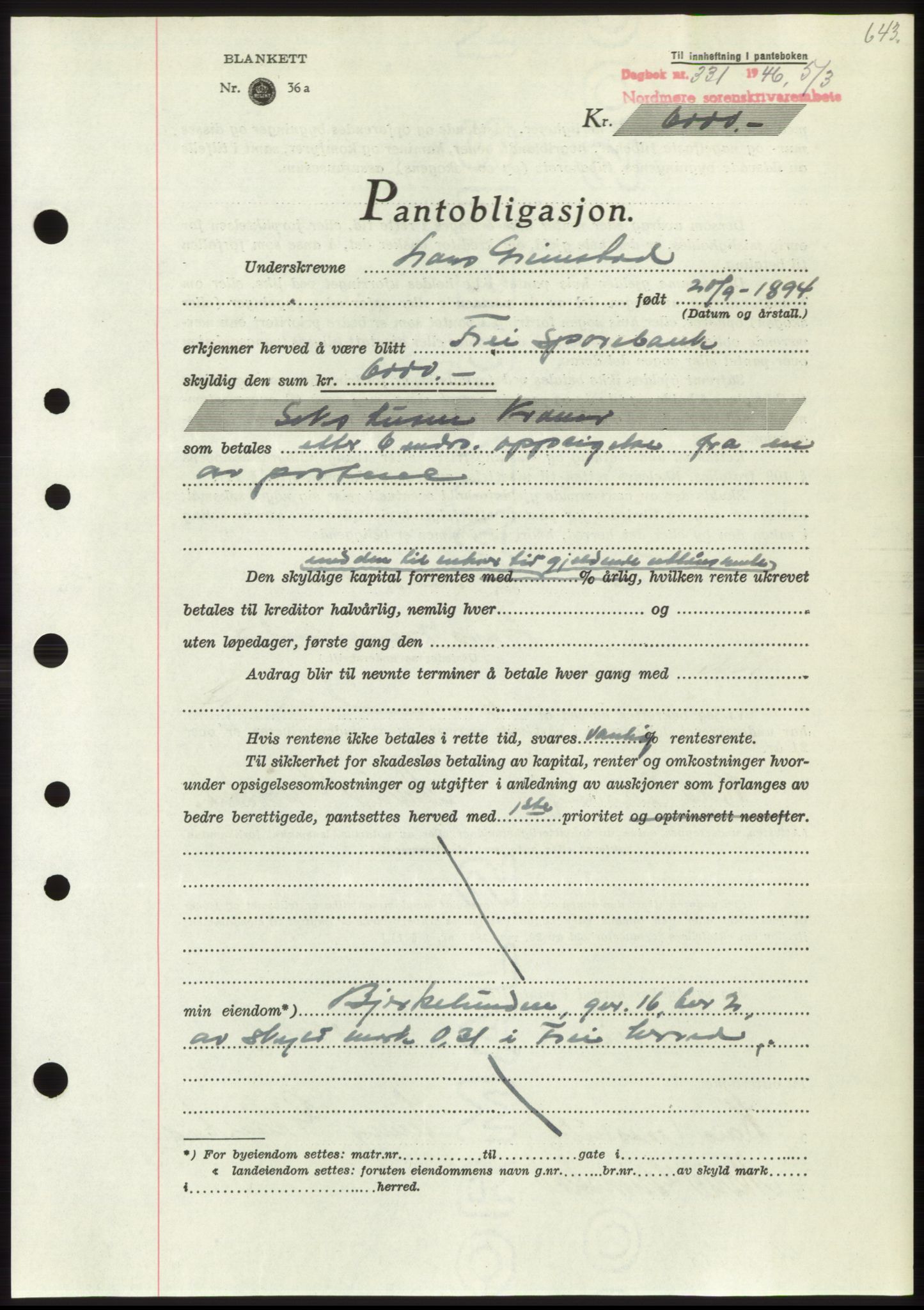 Nordmøre sorenskriveri, SAT/A-4132/1/2/2Ca: Pantebok nr. B93b, 1946-1946, Dagboknr: 331/1946