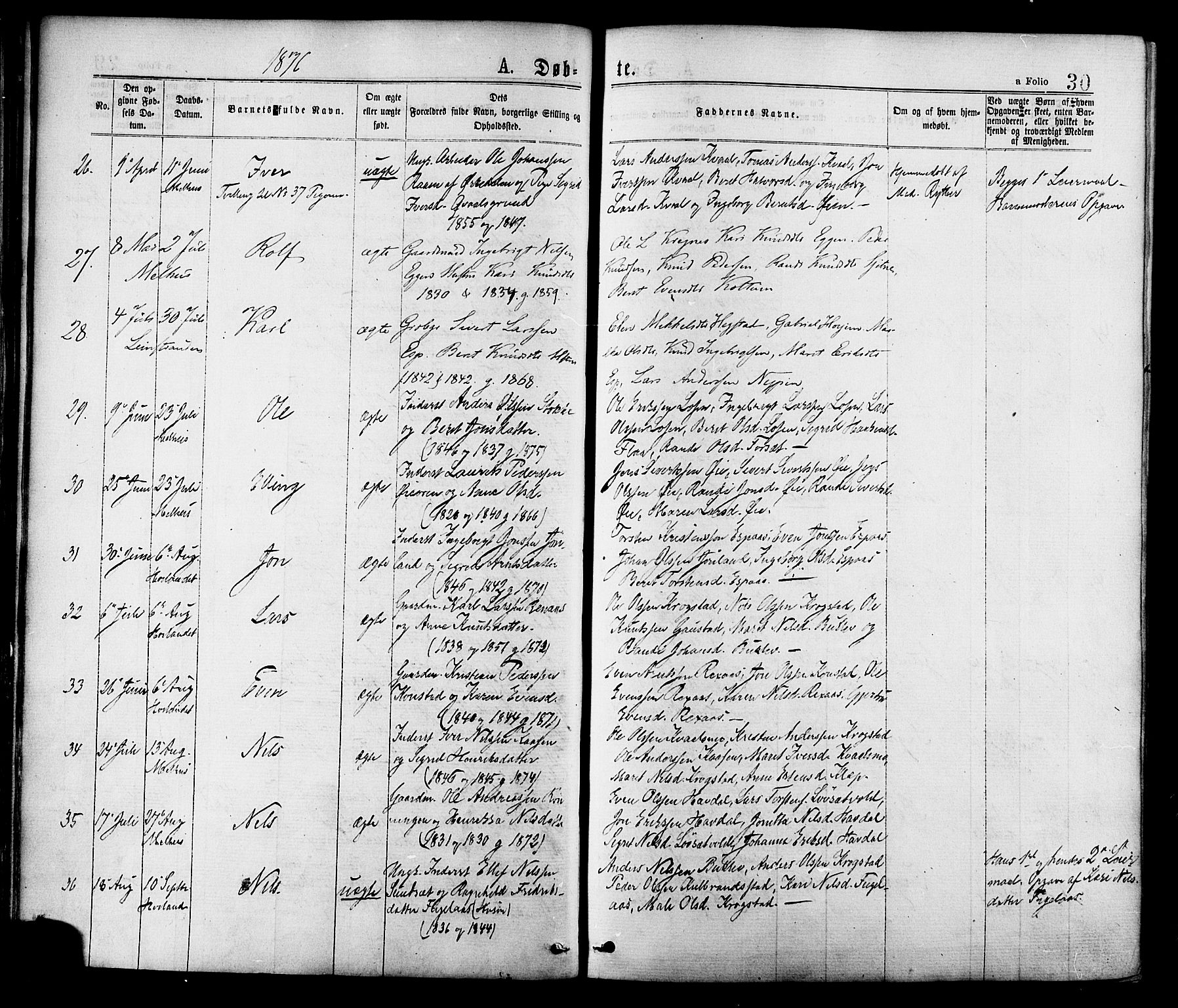 Ministerialprotokoller, klokkerbøker og fødselsregistre - Sør-Trøndelag, AV/SAT-A-1456/691/L1079: Ministerialbok nr. 691A11, 1873-1886, s. 30