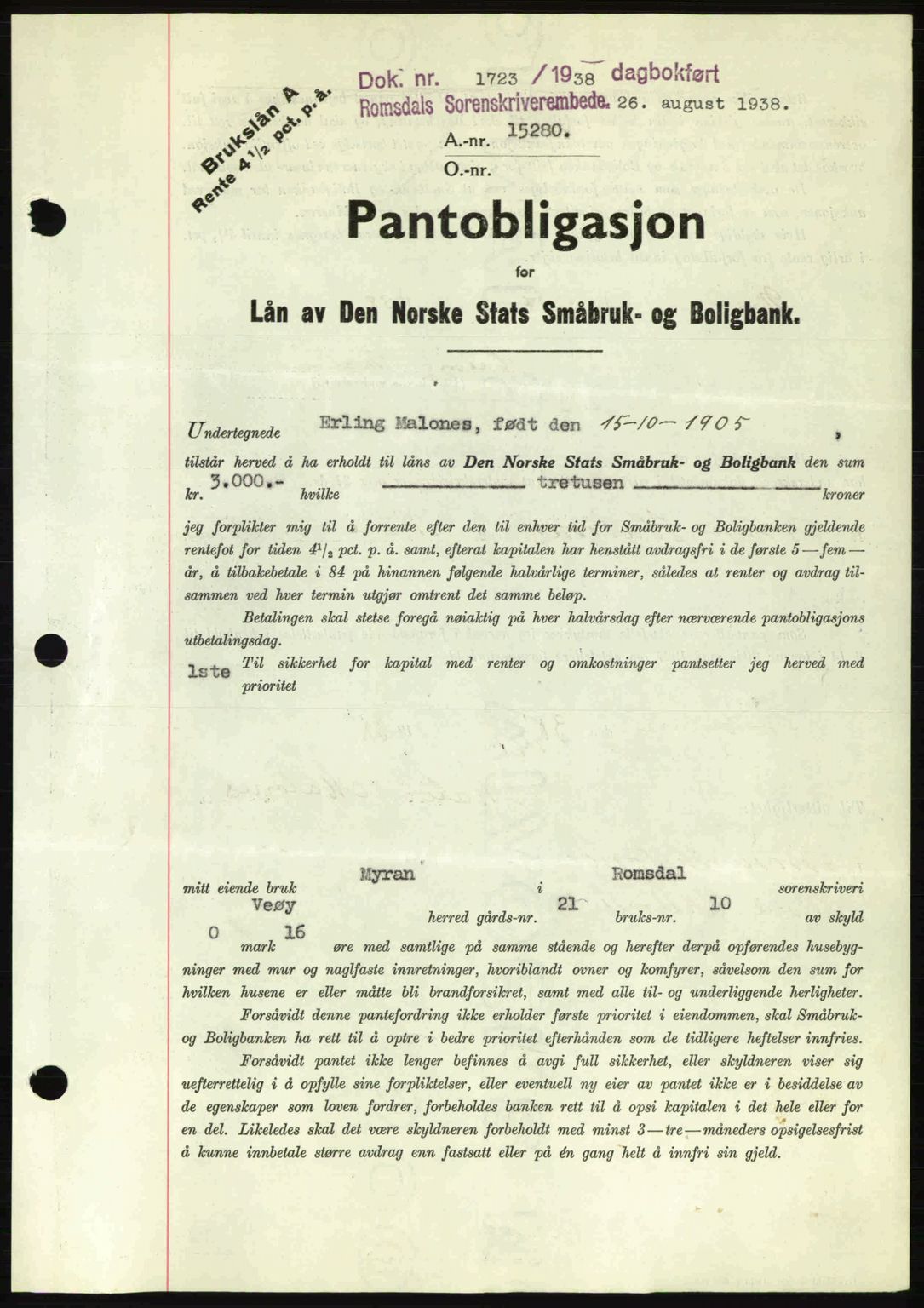 Romsdal sorenskriveri, SAT/A-4149/1/2/2C: Pantebok nr. B1, 1936-1939, Dagboknr: 1723/1938