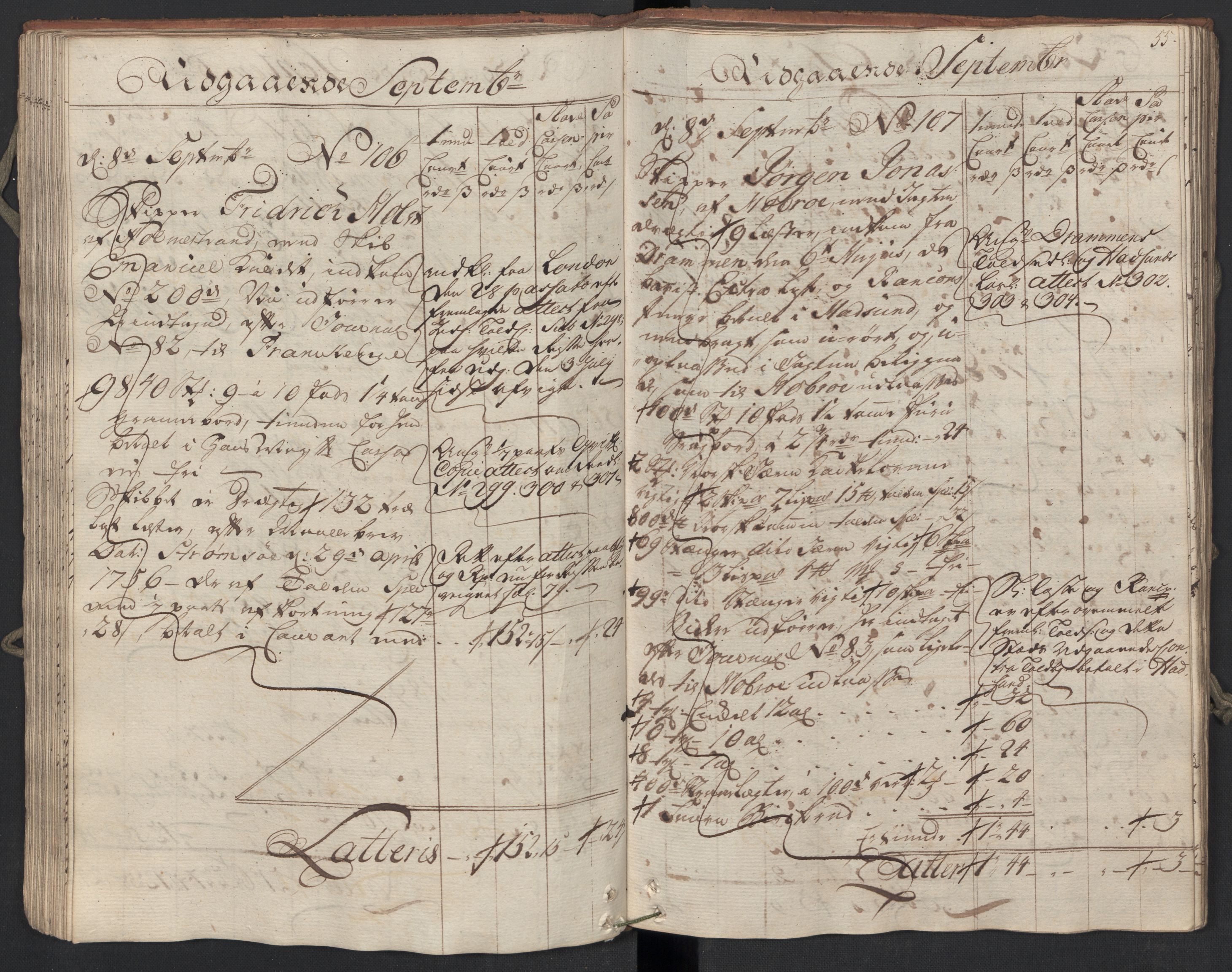 Generaltollkammeret, tollregnskaper, AV/RA-EA-5490/R09/L0038/0001: Tollregnskaper Holmestrand / Utgående hovedtollbok, 1764, s. 54b-55a