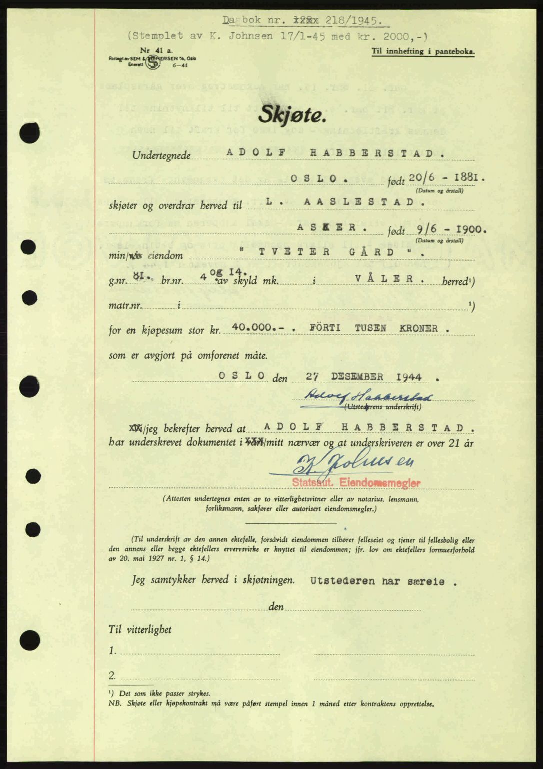 Moss sorenskriveri, SAO/A-10168: Pantebok nr. A13, 1944-1945, Dagboknr: 218/1945