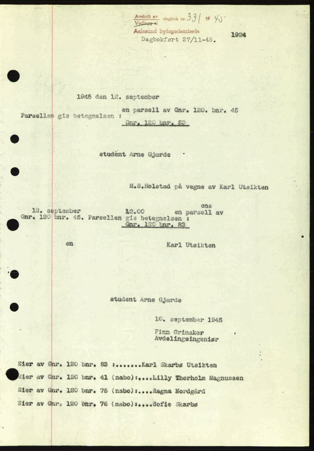 Ålesund byfogd, SAT/A-4384: Pantebok nr. 36a, 1944-1945, Dagboknr: 331/1945